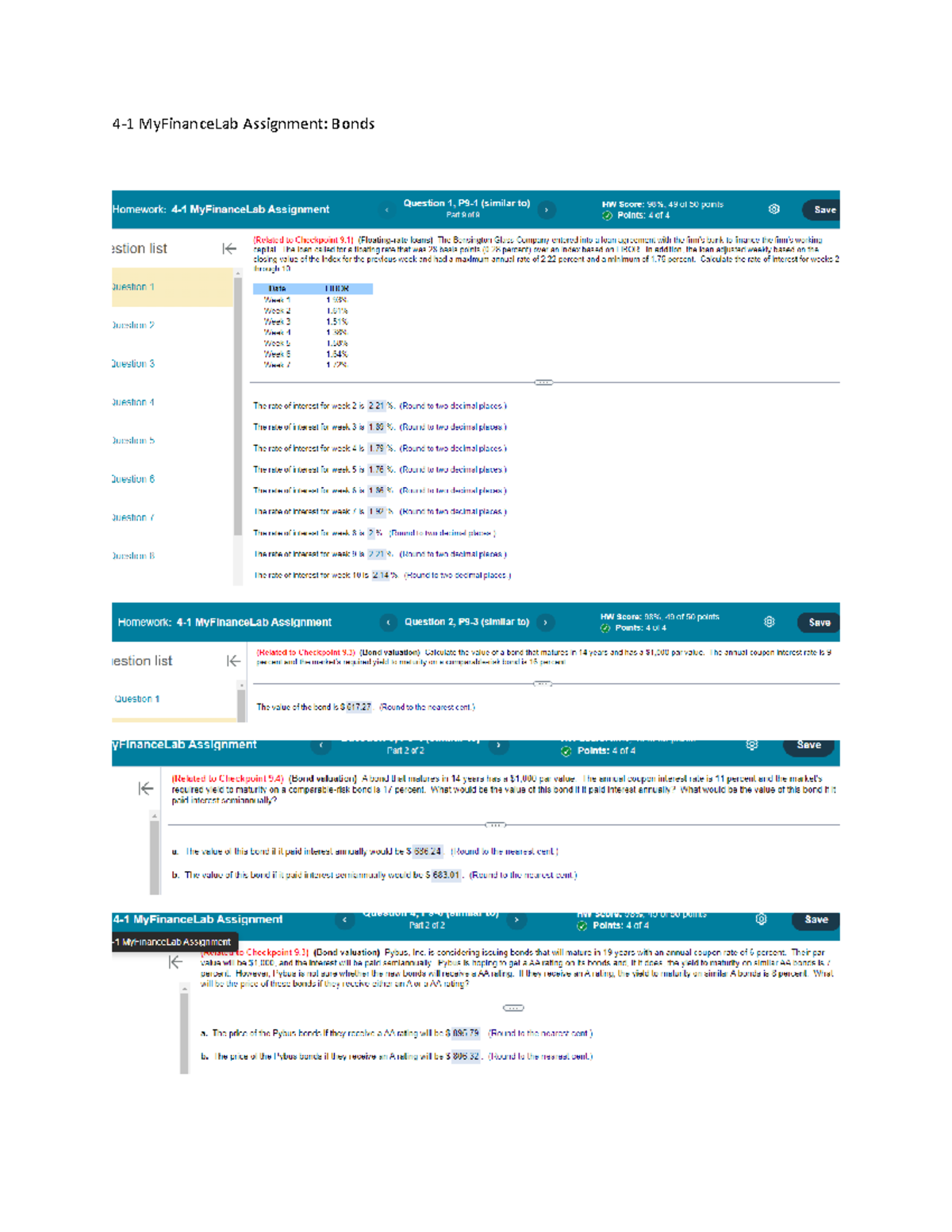 Week 4 - 4-1 My Finance Lab Assignment Bonds - 98% - FIN320 - 4-1 ...