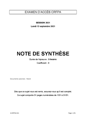 Note De Synthese Crfpa 2022 - EXAMEN DíACC»S CRFPA SESSION 2022 Lundi 5 ...