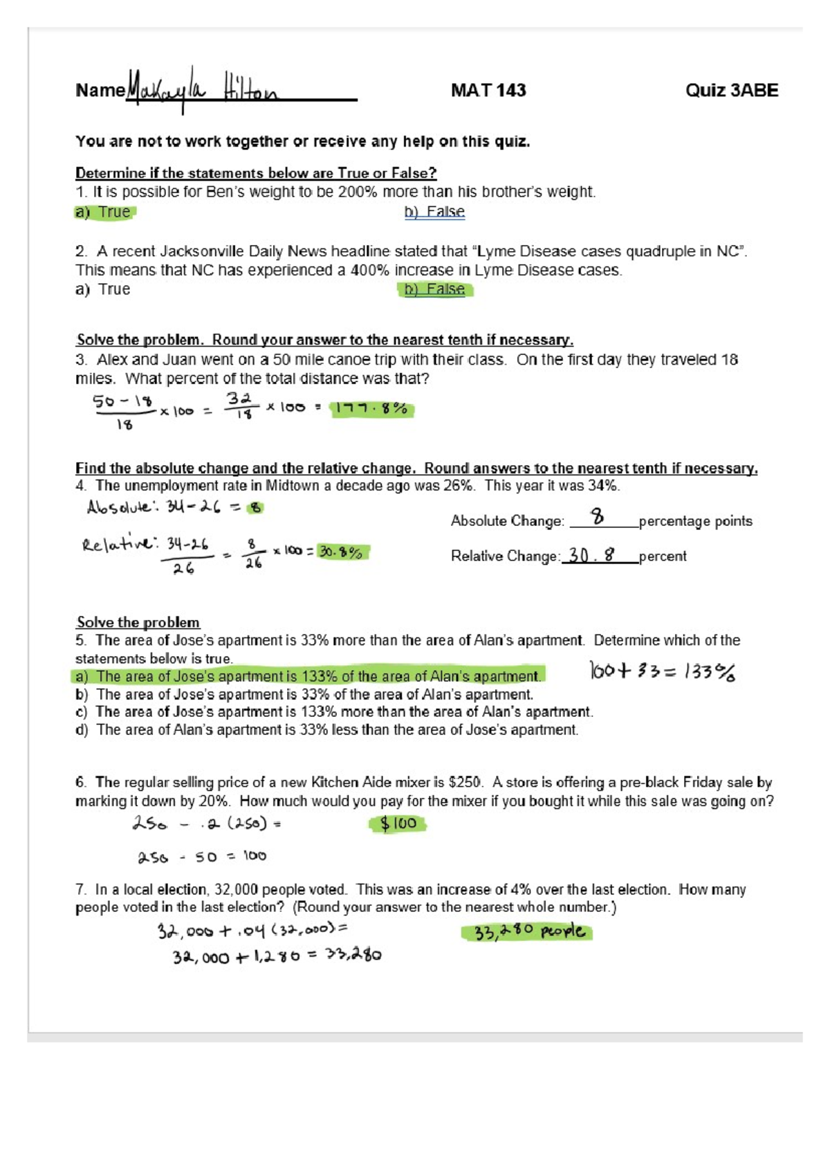 Quiz 3ABE Document has the shown work for all answers. MAT 143