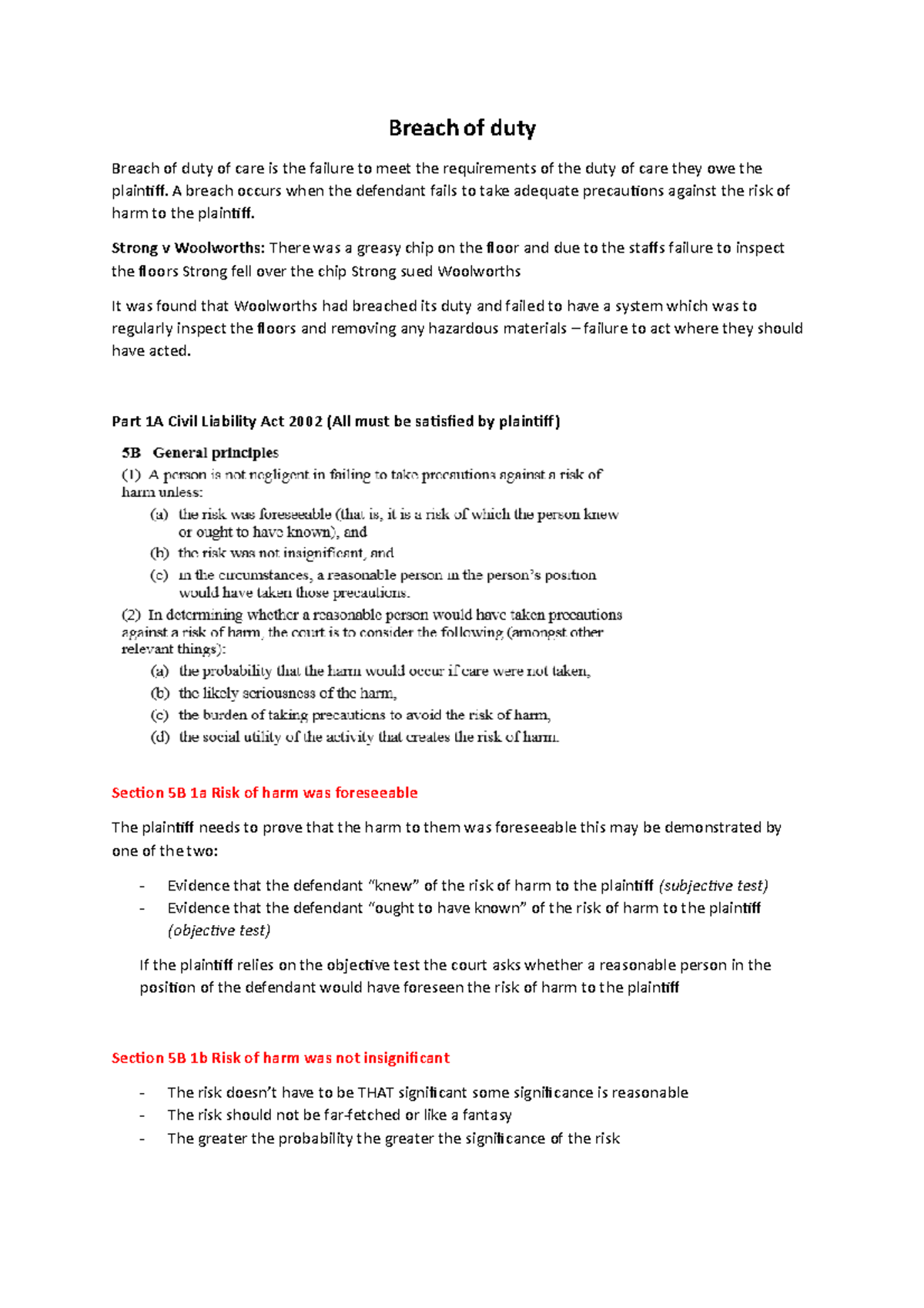 Tortss - Lecture notes 1-13 - Breach of duty Breach of duty of care is ...