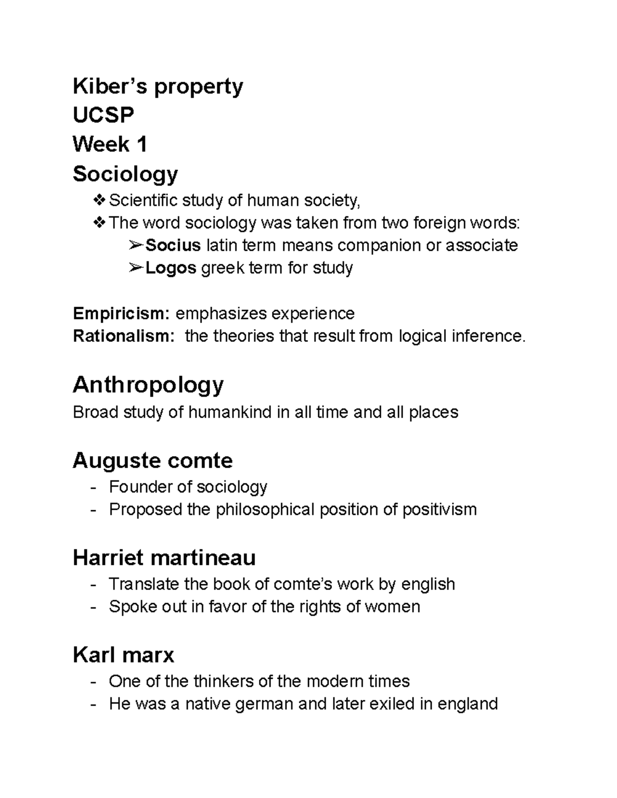 UCSP-reviewers - Kiber’s property UCSP Week 1 Sociology Scientific ...