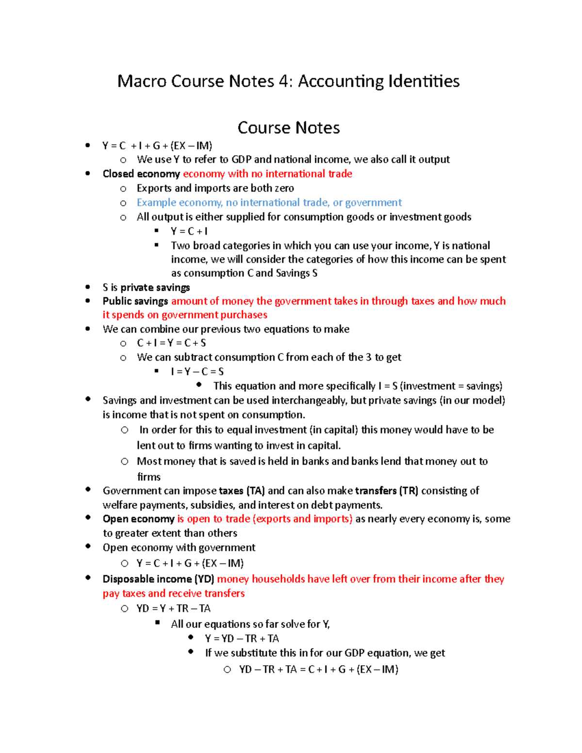 Week 3 - GDP and Income identities - Macro Course Notes 4: Accounting ...