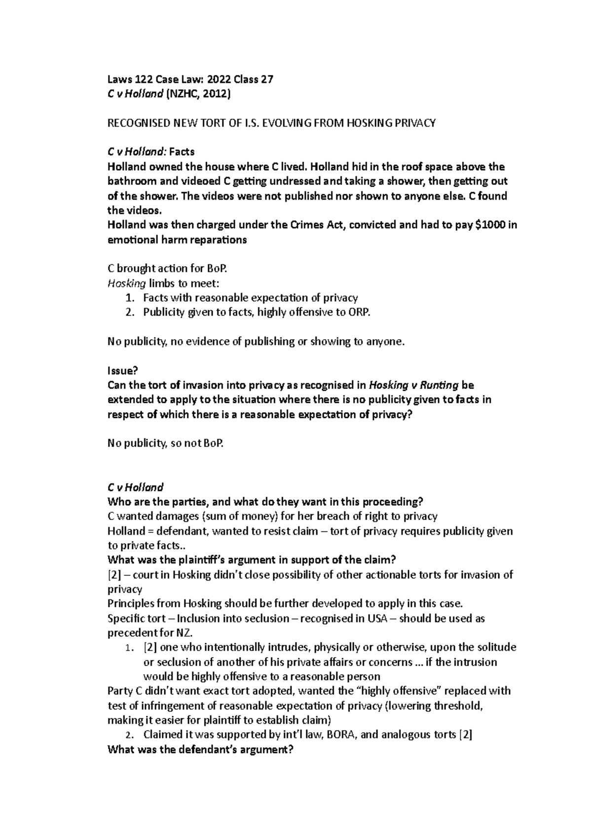 Intrusion into seclusion notes - Laws 122 Case Law: 2022 Class 27 C v ...