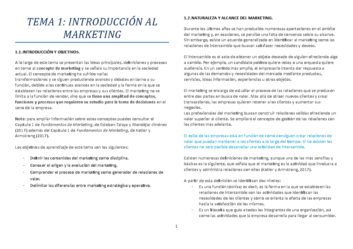 TEMA 1 Resumen - tema 1 introducción al marketing - TEMA 1 ...