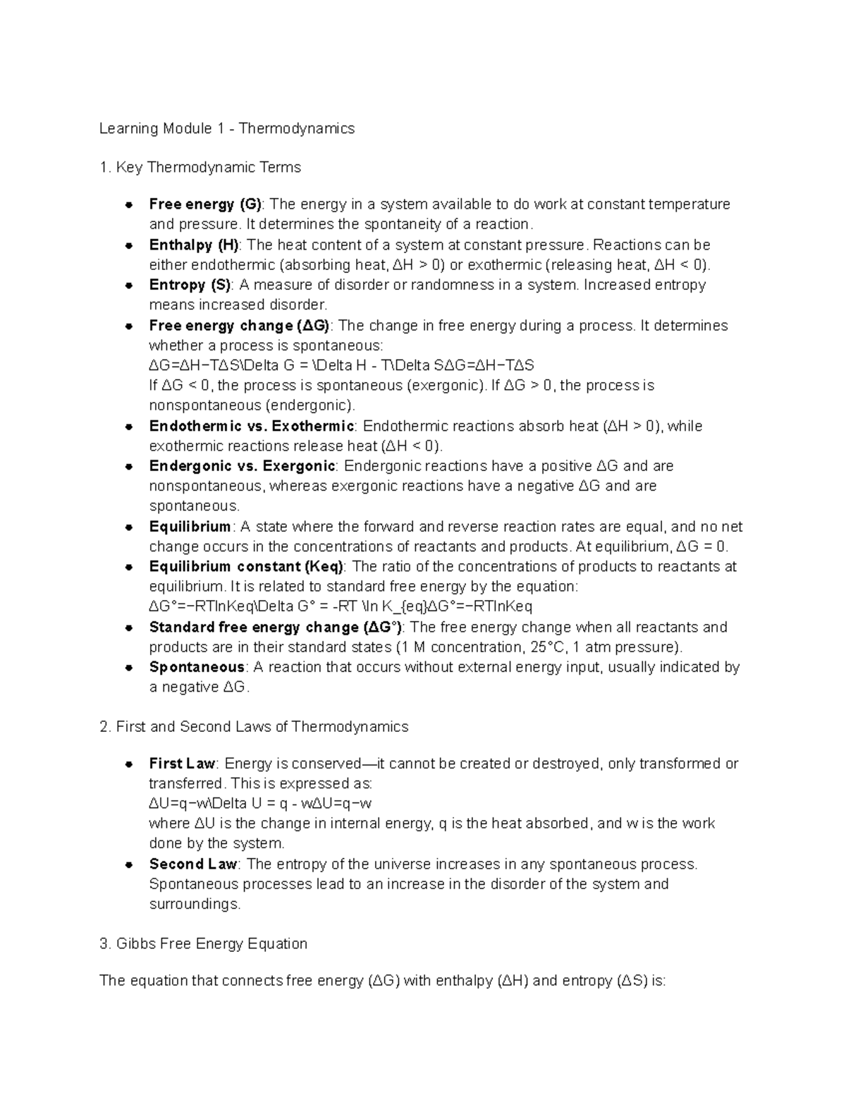 Biochemistry Term Test 1 - Learning Module 1 - Thermodynamics Key ...