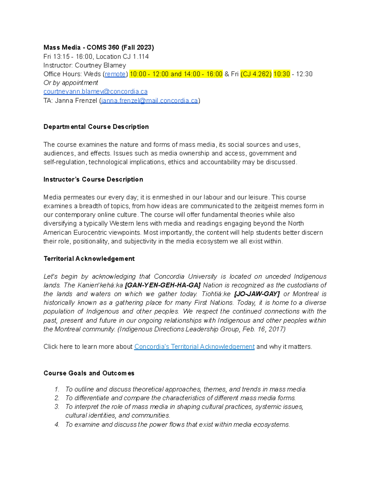 Mass Media - Coms 360 - Mass Media - Coms 360 (fall 2023) Fri 13:15 