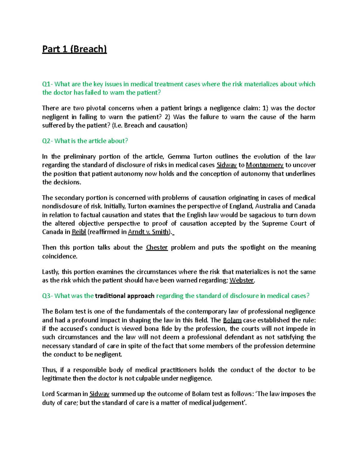 Breach in medical cases Part 1 (Breach) Q1 What are the key issues