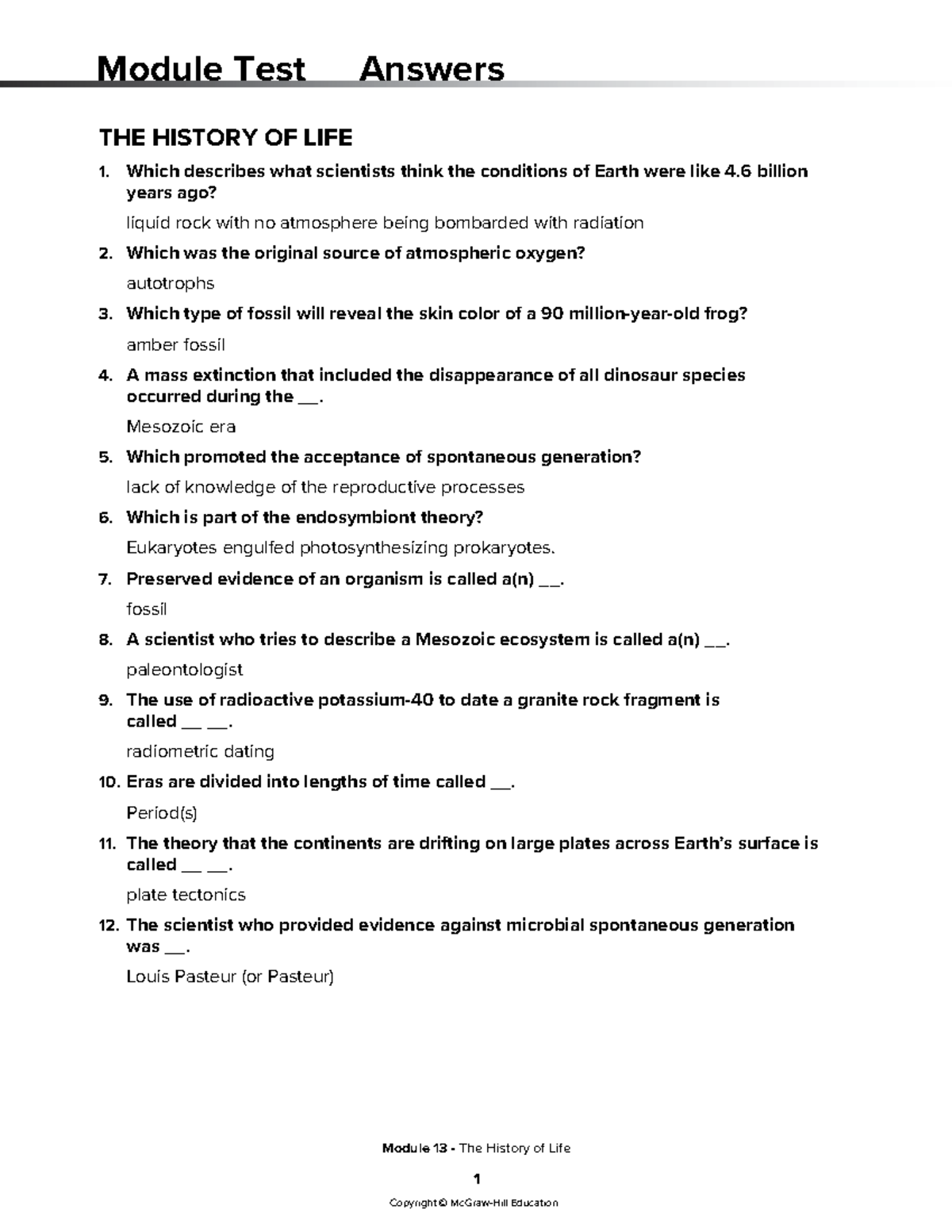 Module+Test+Answer+Key The+History+of+Life - Copyright © McGraw-Hill ...