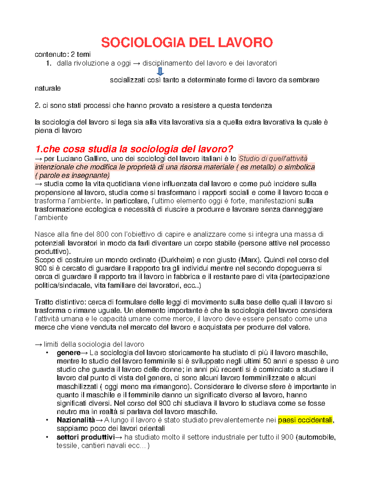 Sociologia Del Lavoro - SOCIOLOGIA DEL LAVORO Contenuto: 2 Temi 1 ...