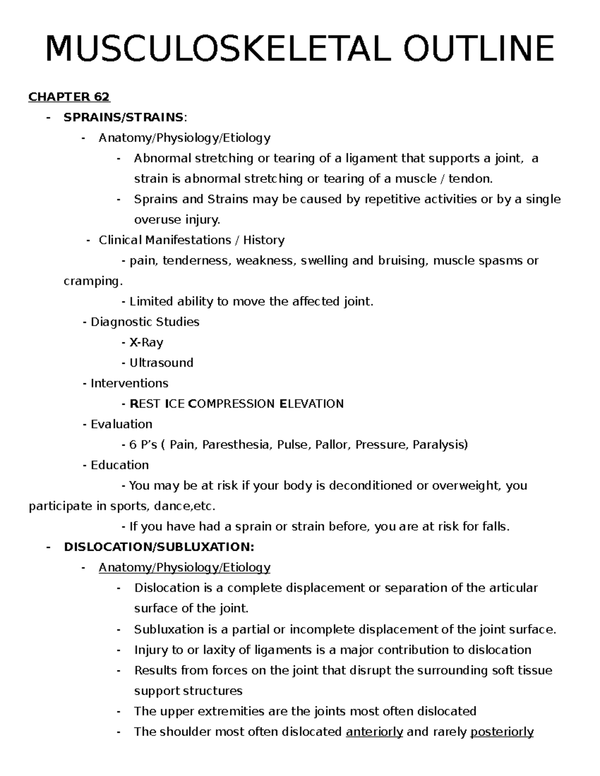 Musculoskeletal Outline - MUSCULOSKELETAL OUTLINE CHAPTER 62 - SPRAINS ...