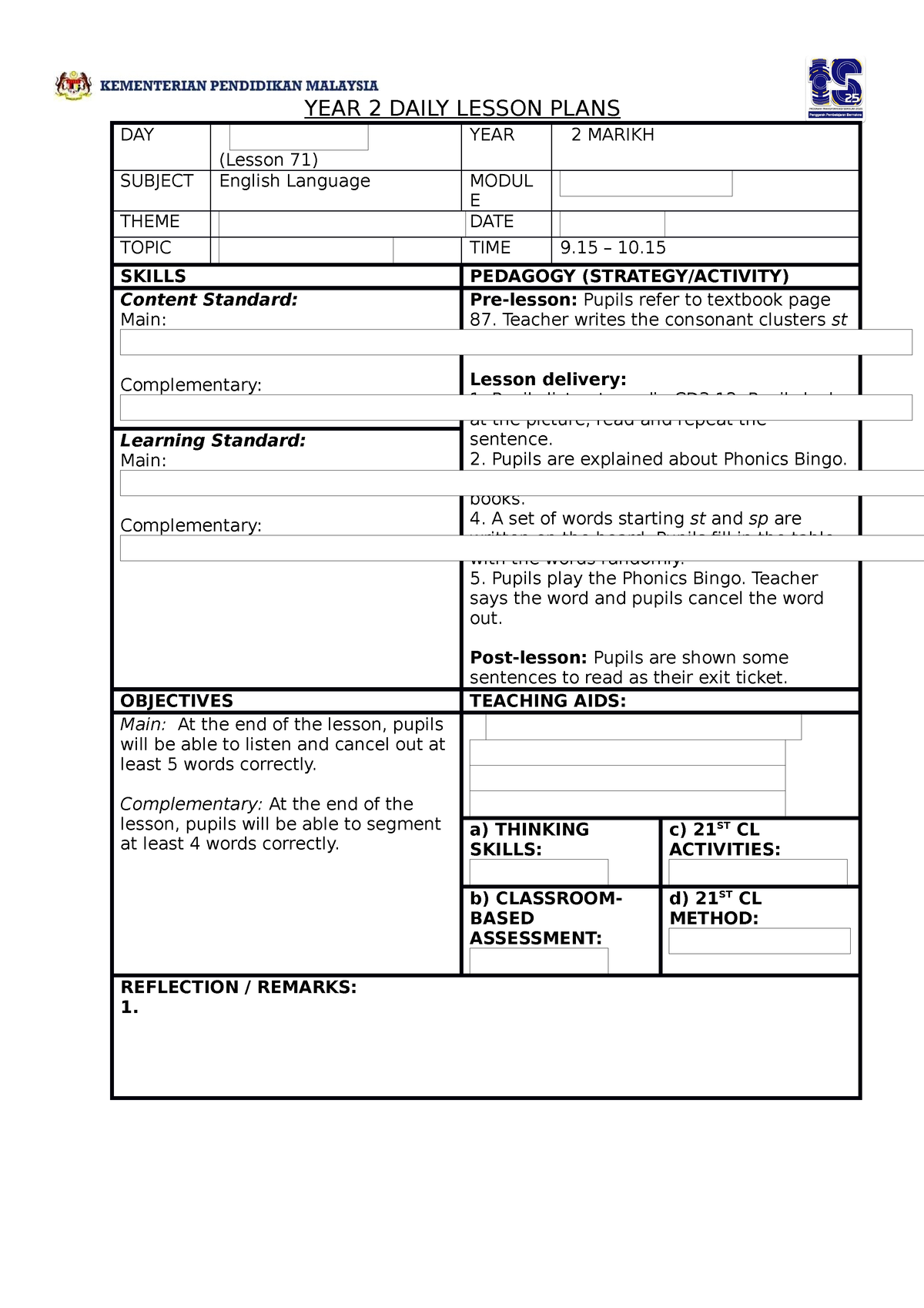 YEAR 2 - NOTES - YEAR 2 DAILY LESSON PLANS DAY (Lesson 71) YEAR 2 ...