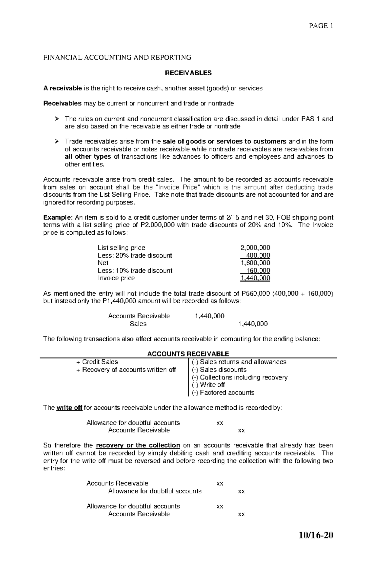 11-Receivables - Lecture notes on Receivables. - FINANCIAL ACCOUNTING ...