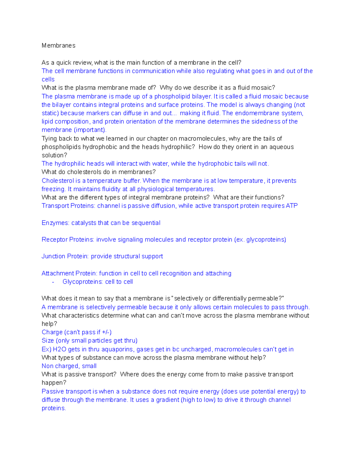 Chapter 7 Review/Membranes/Dr. Redding - Membranes As a quick review ...