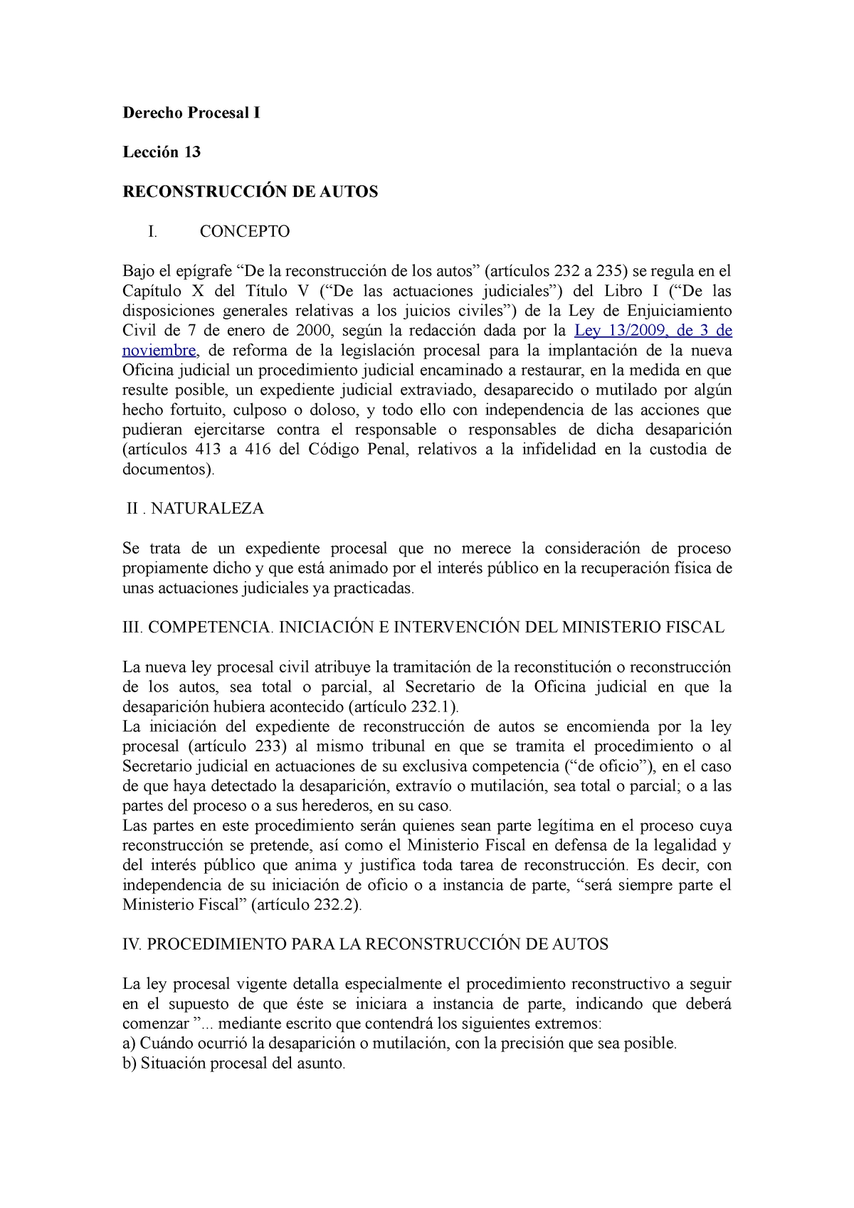 La reconstrucción de los autos (tema 13, AF) - Derecho Procesal I Lección  13 RECONSTRUCCIÓN DE AUTOS - Studocu