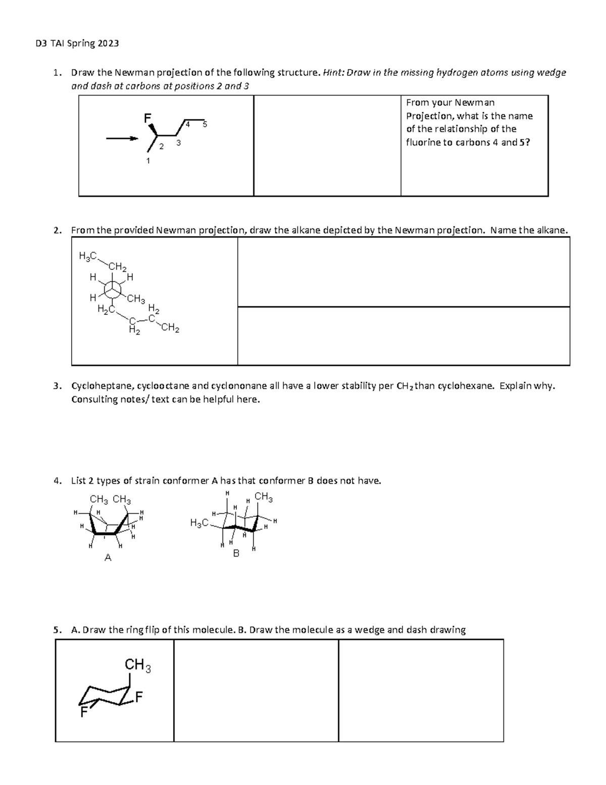 D3 CHEM 231 spring 2023 - TAI3 for OCHEM 1 - D3 TAI Spring 2023 1. Draw ...