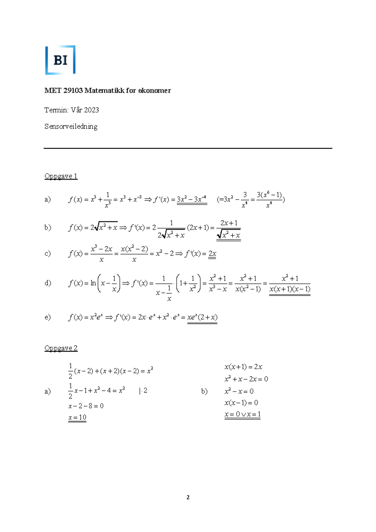 MET 2910 3 202310 27 - eksamens fasit - MET 29103 Matematikk for ...