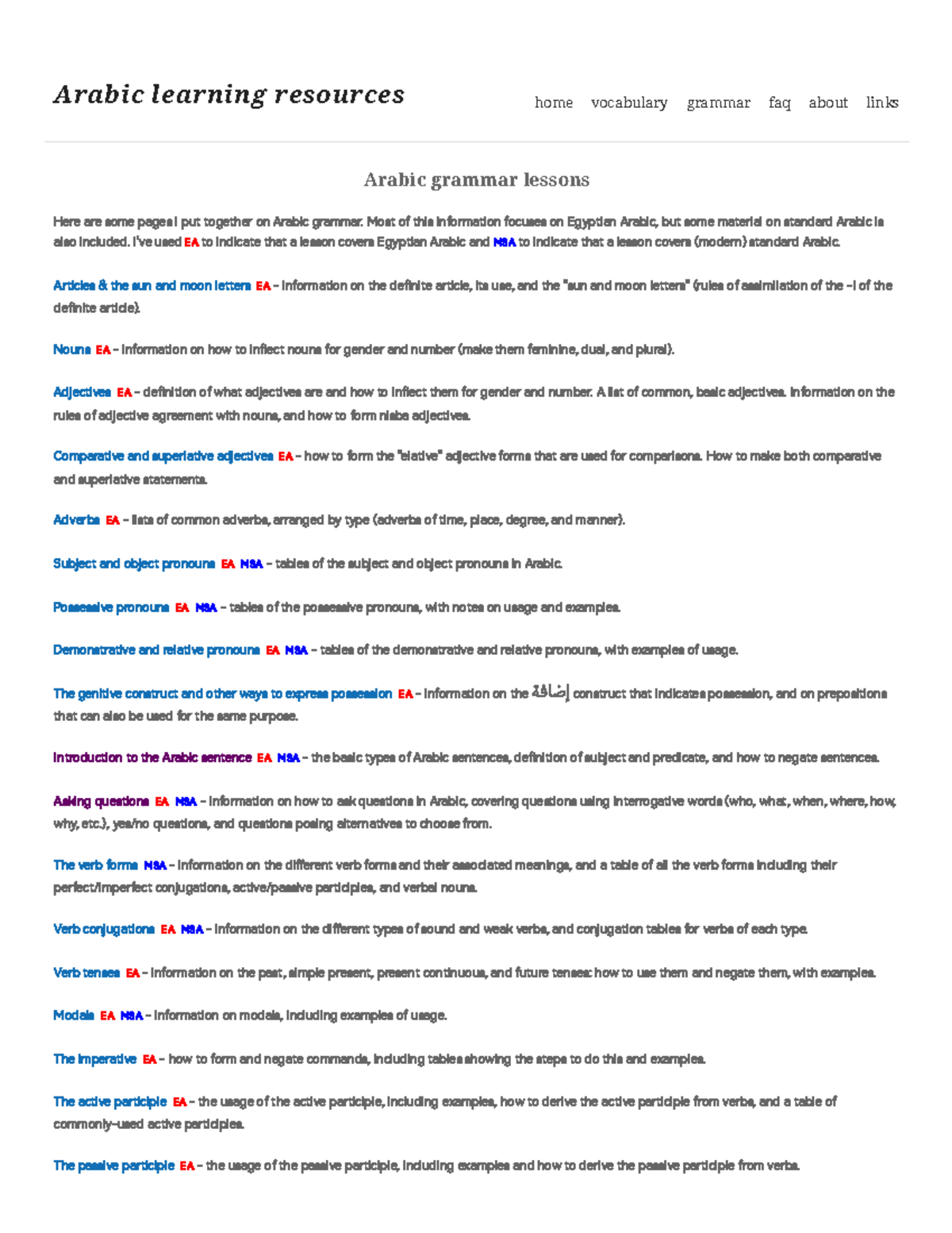 E.A Grammar Lesson Notes - Arabic learning resources home vocabulary ...