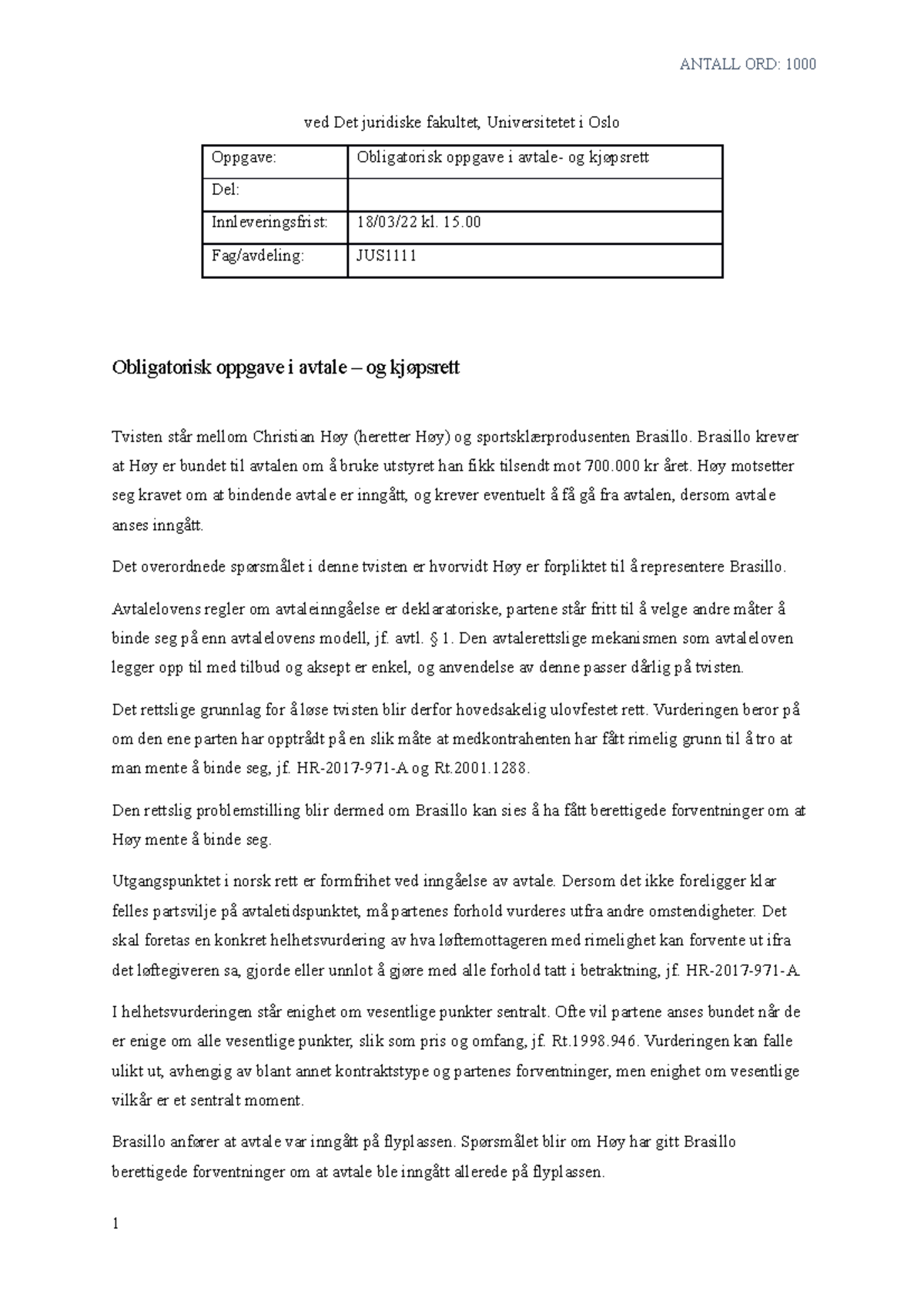 Obligatorisk Oppgave - Avtal- Og Kjøpsrett - ANTALL ORD: 1000 Ved Det ...