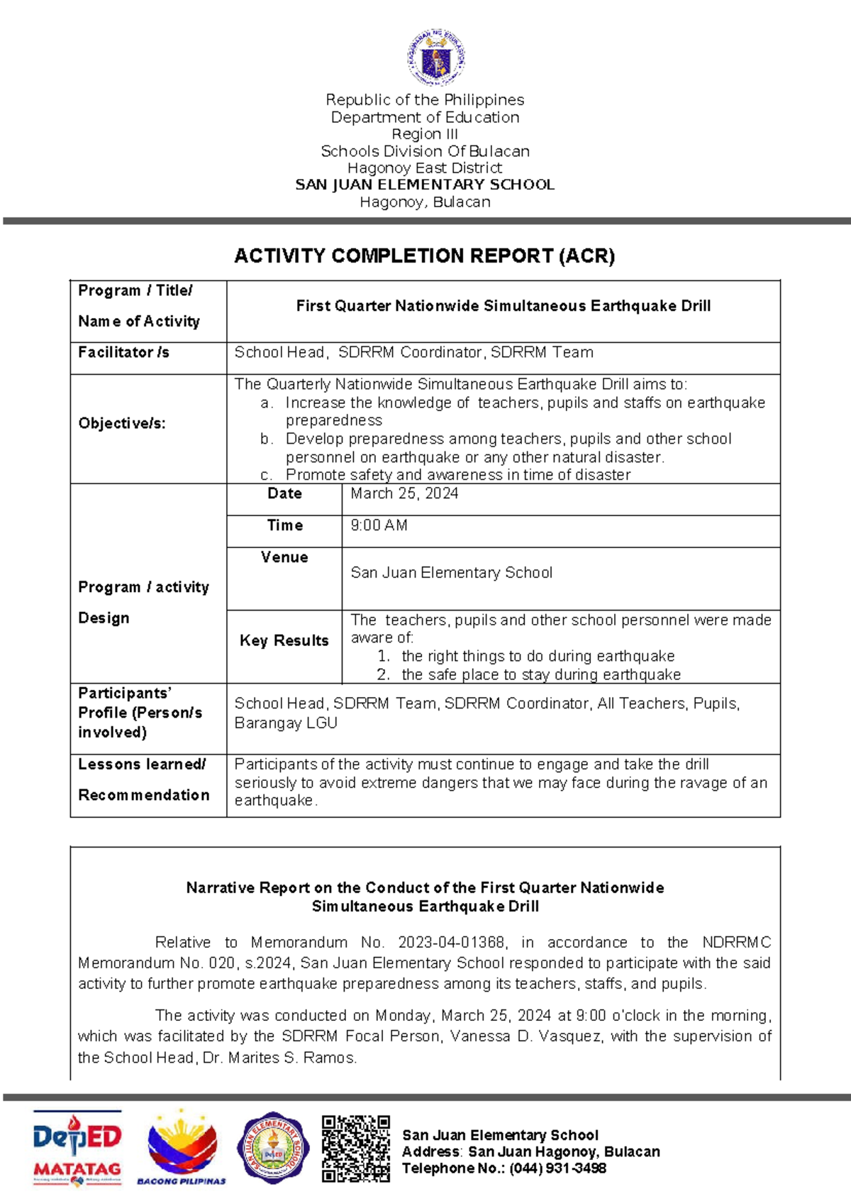 SAN JUAN ES First Quarter NSED CY 2024 San Juan Elementary School