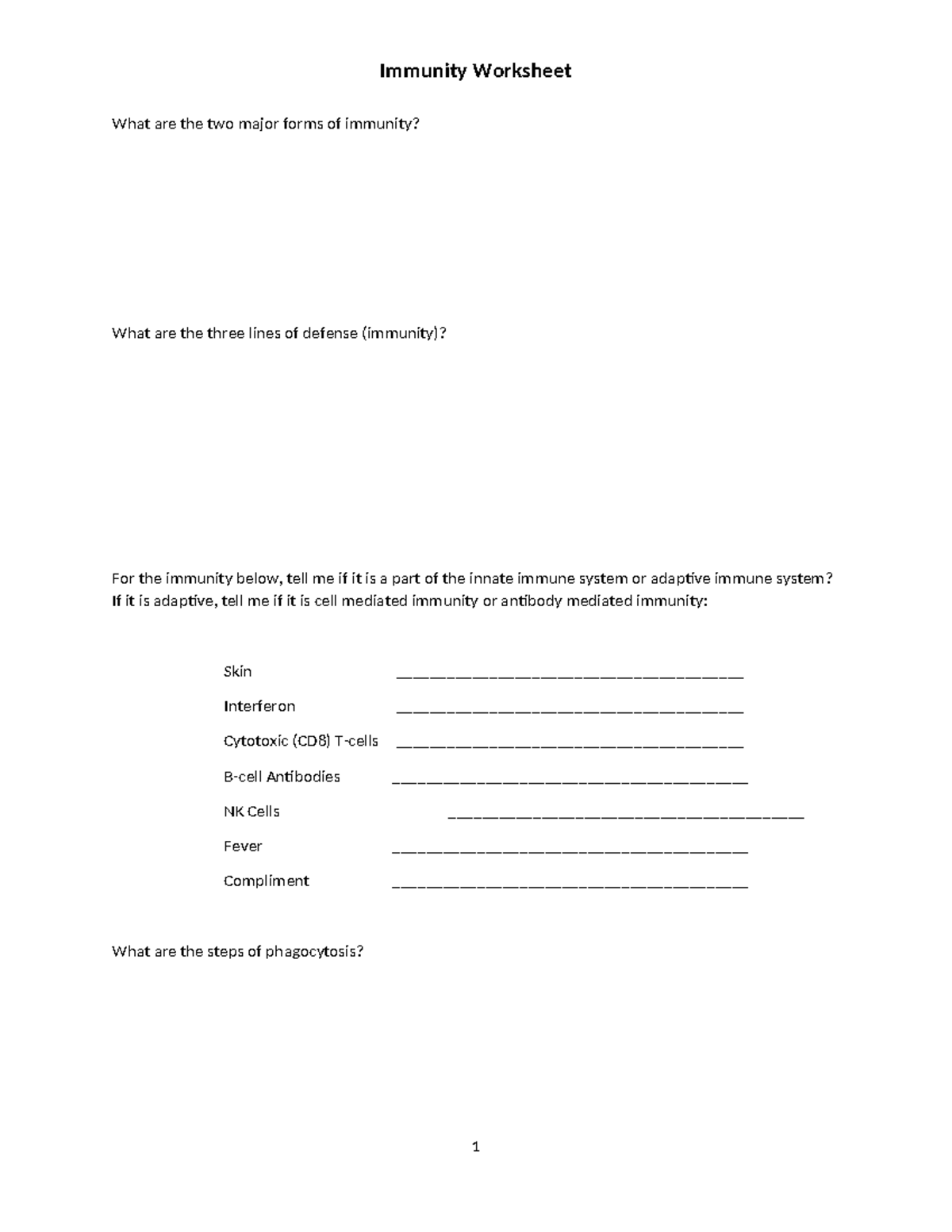 BIOS255 Week 5 Immunity Worksheet - What are the two major forms of ...