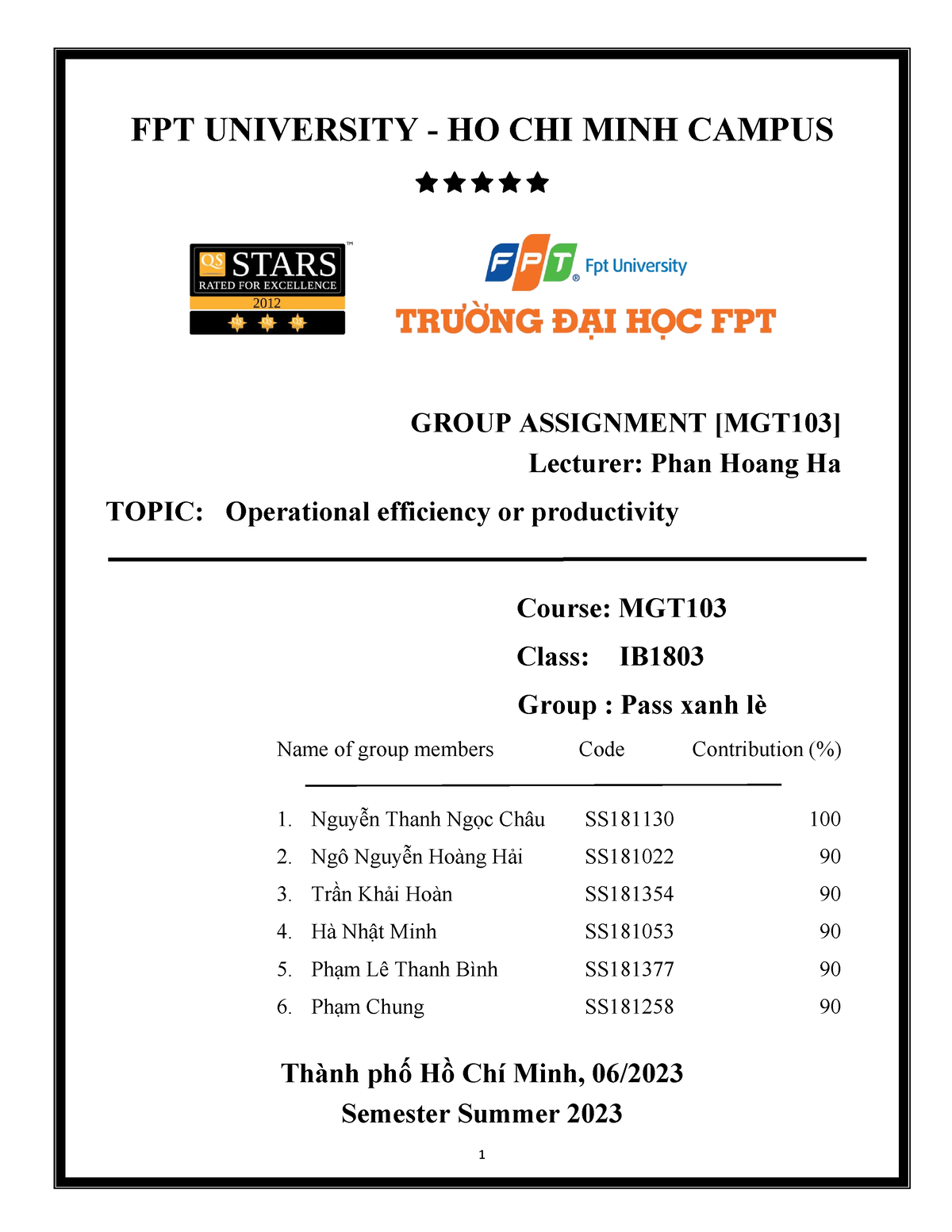 Report Assignment - Mgt103 - FPT UNIVERSITY - HO CHI MINH CAMPUS GROUP ...