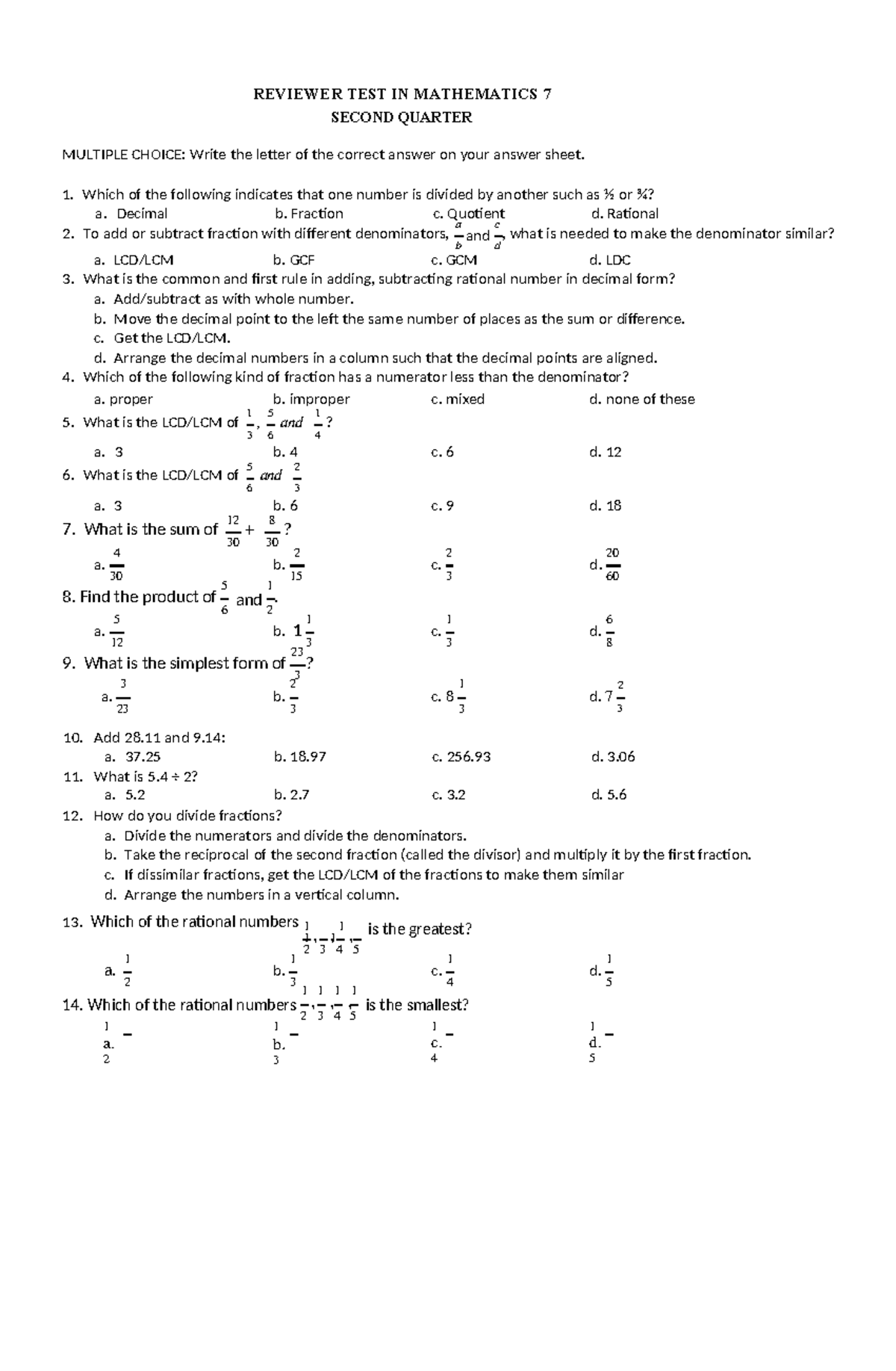 Pdfcoffee - Mathematics Test Quarter 2 - 1 a. 2 1 b. 3 1 c. 4 1 d. 5 ...