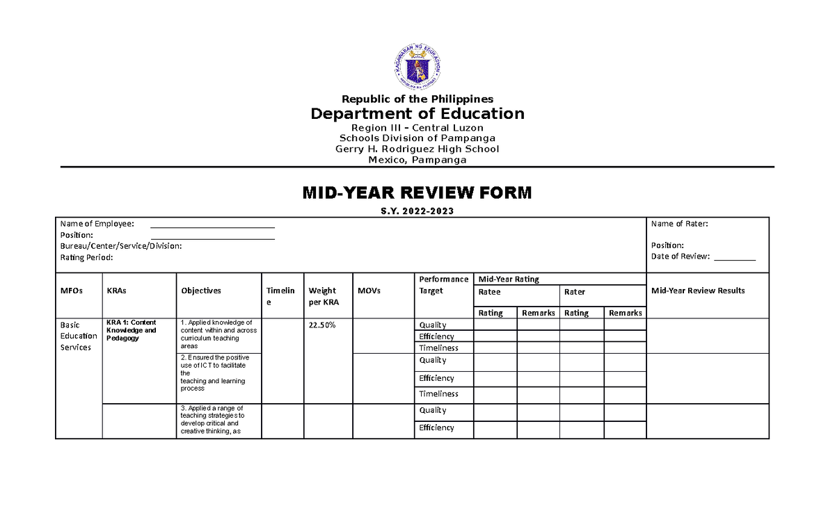 Mid Year REview Form MRF S - Republic of the Philippines Department of ...