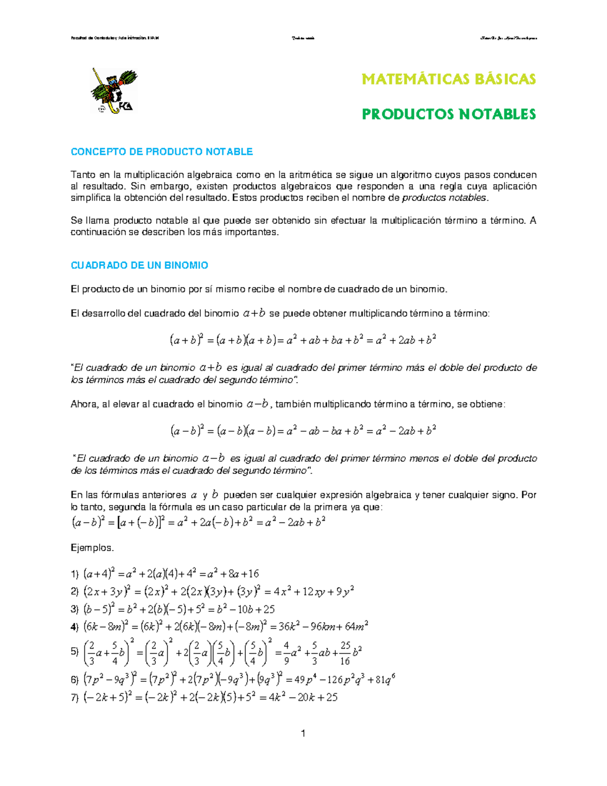 06. Productos Notables - 1 MATEMÁTICAS BÁSICAS PRODUCTOS NOTABLES ...