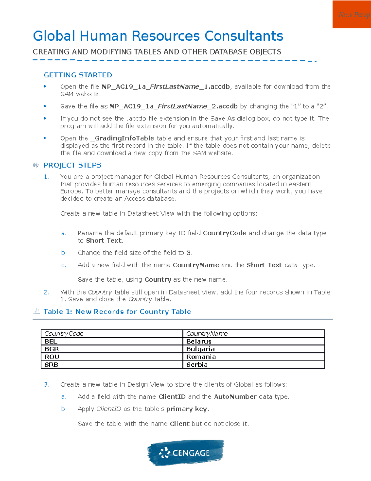 Instructions NP AC19 1a Global Human Resources Consultants CREATING AND MODIFYING TABLES AND