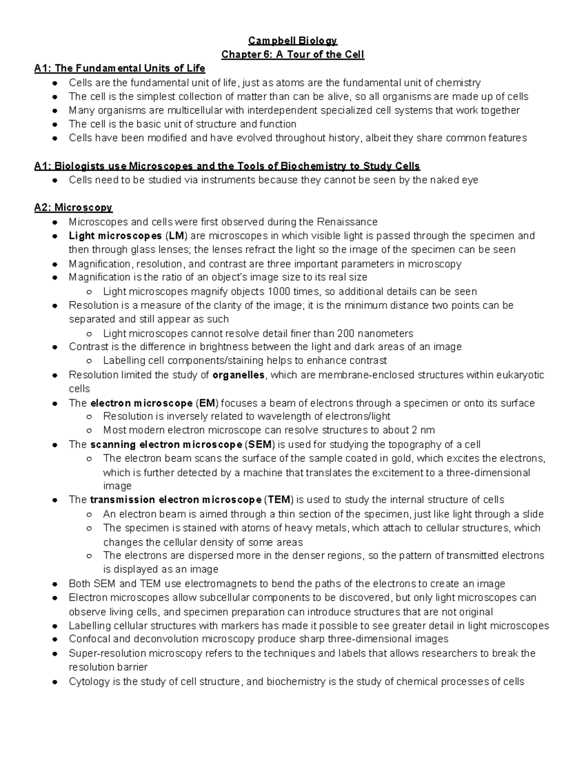 AP Biology Chapter 6 Notes Campbell Biology Chapter 6 A Tour Of The 