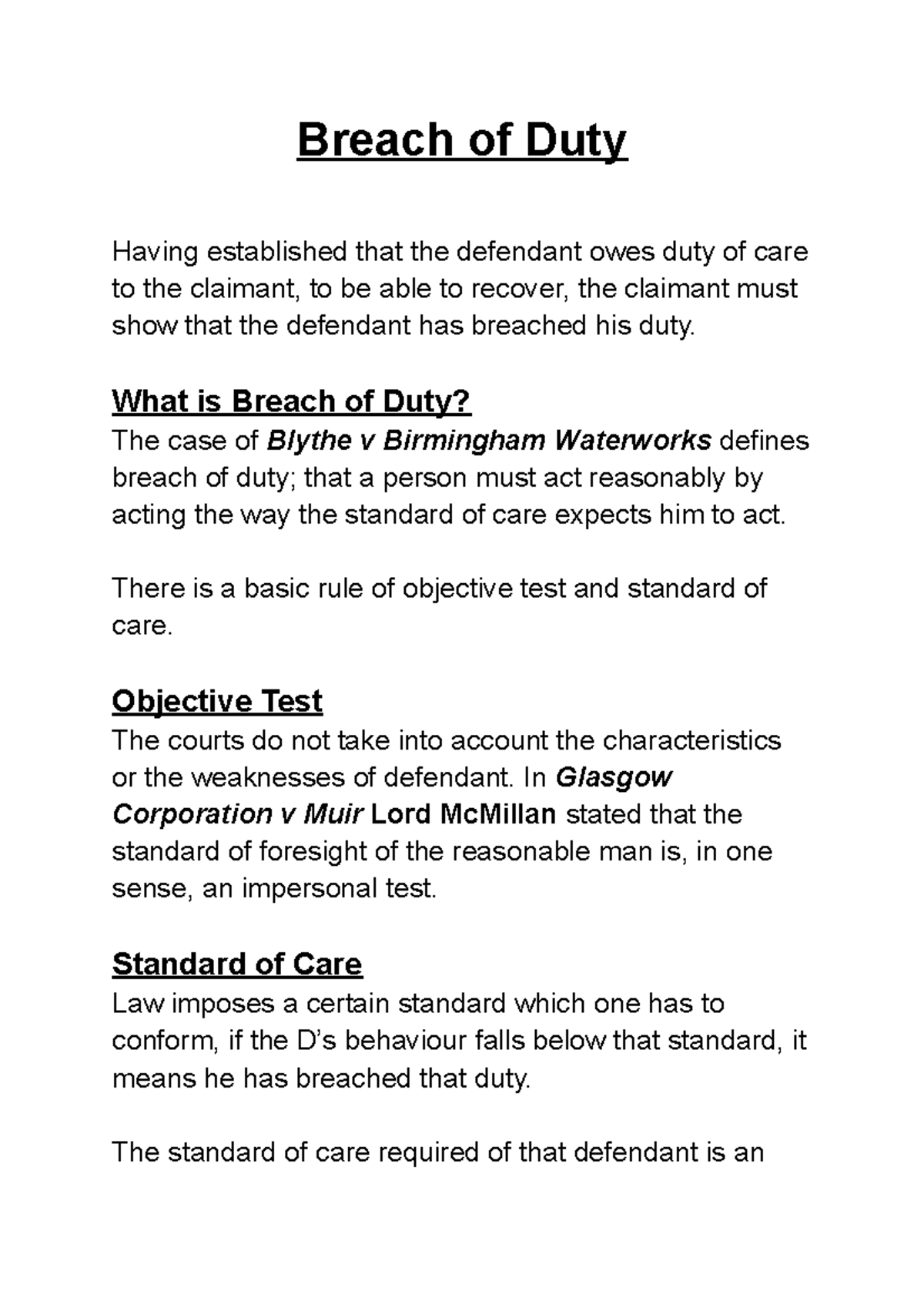 Breach of Duty detailed notes Breach of Duty Having established