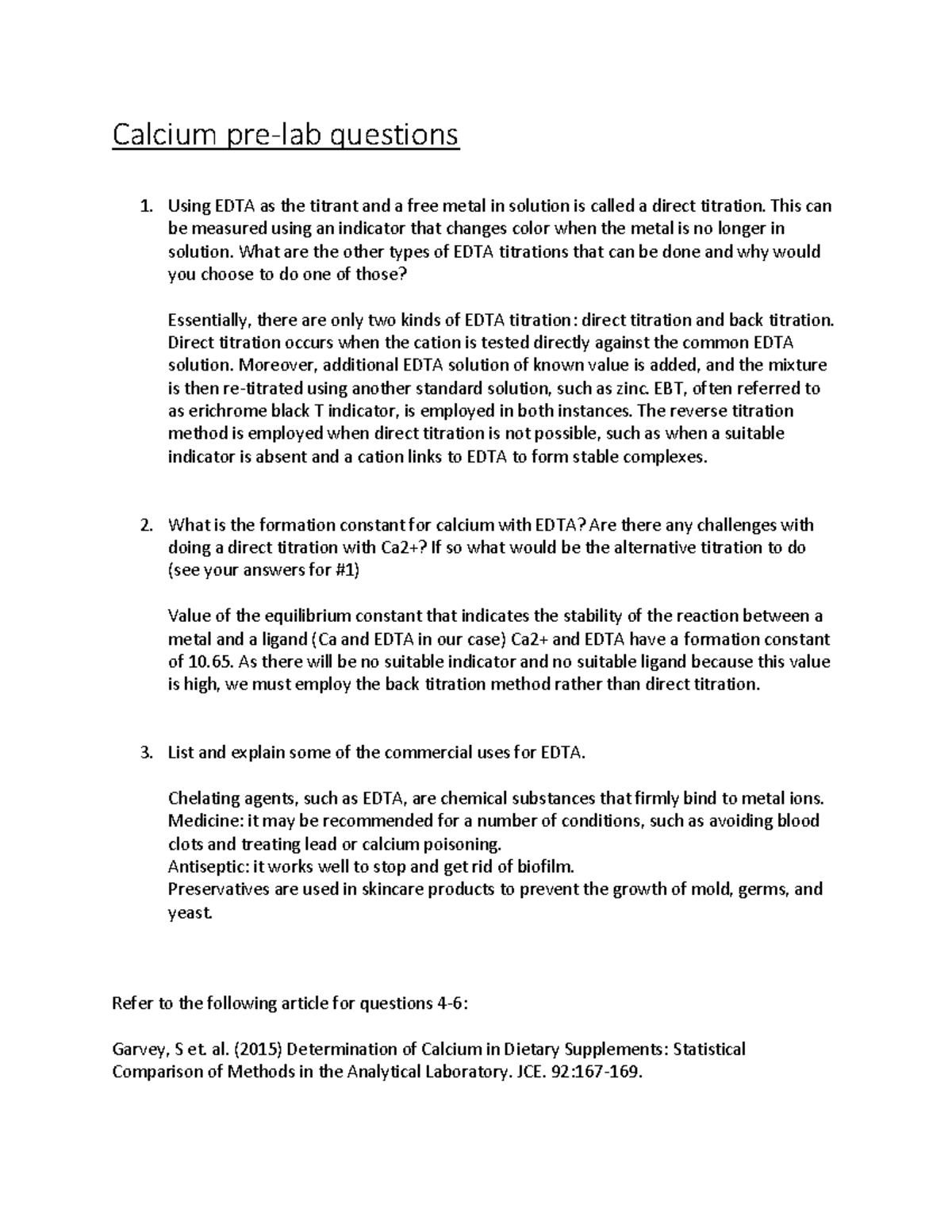Calcium pre Pre lab Calcium prelab questions Using EDTA as the