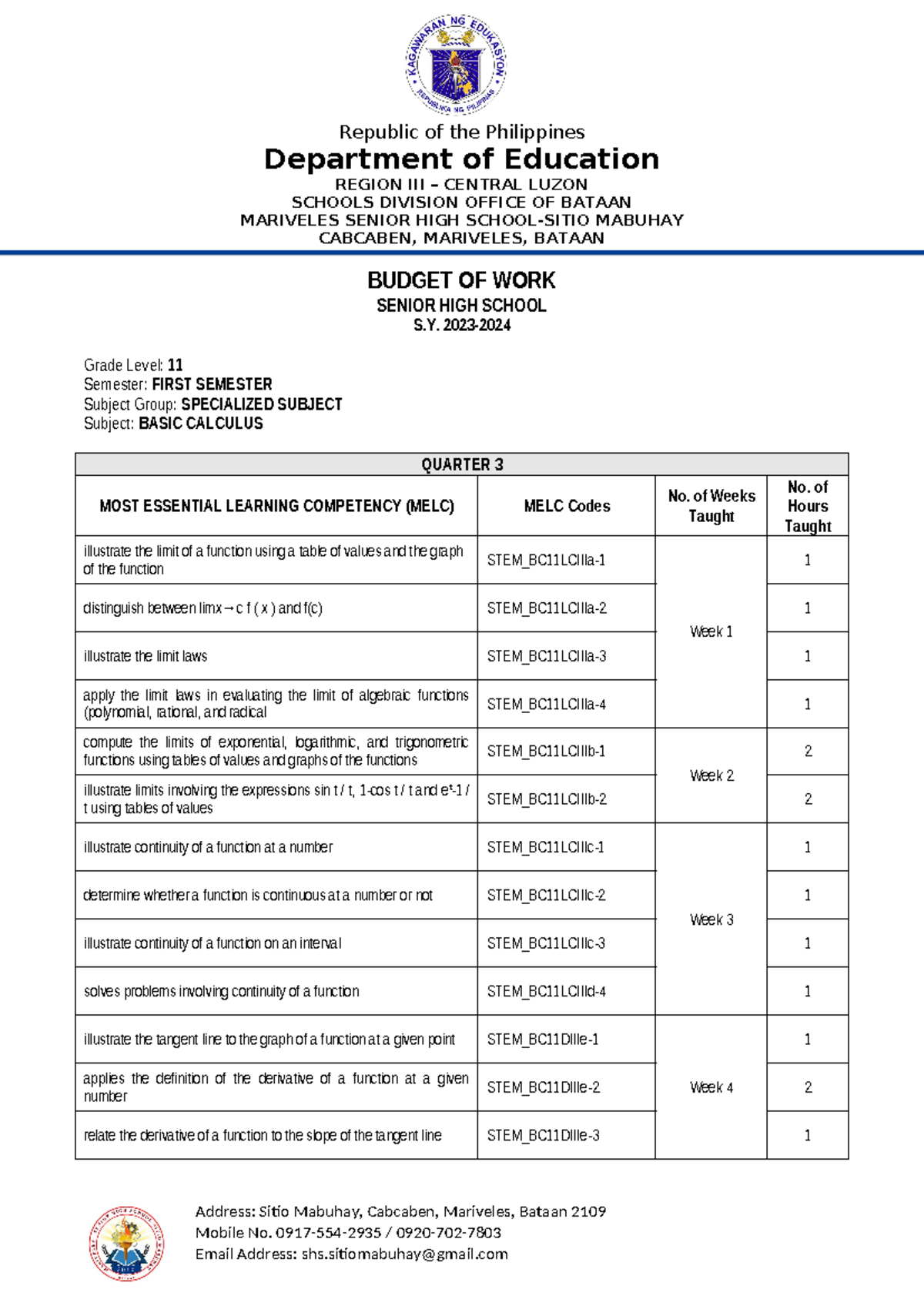 Budget Of Works Basic Calculus SY23-24 - Republic Of The Philippines ...