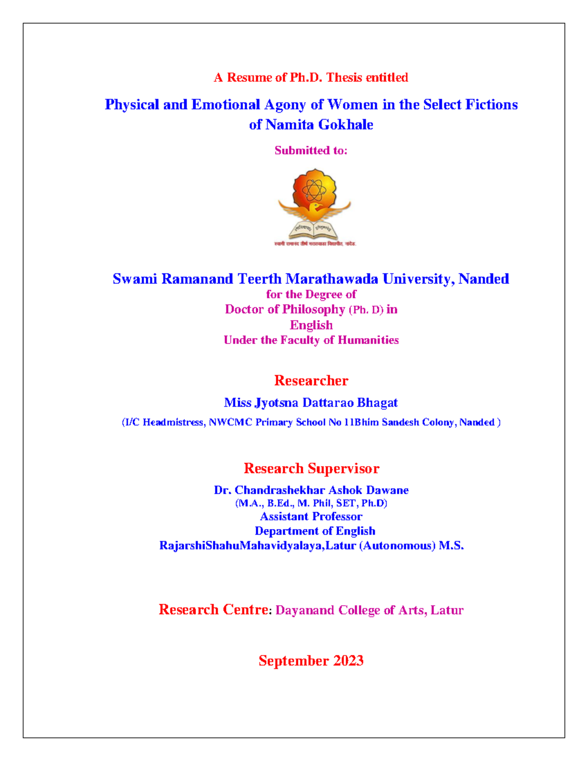 Physical and emotional agony - A Resume of Ph. Thesis entitled Physical ...