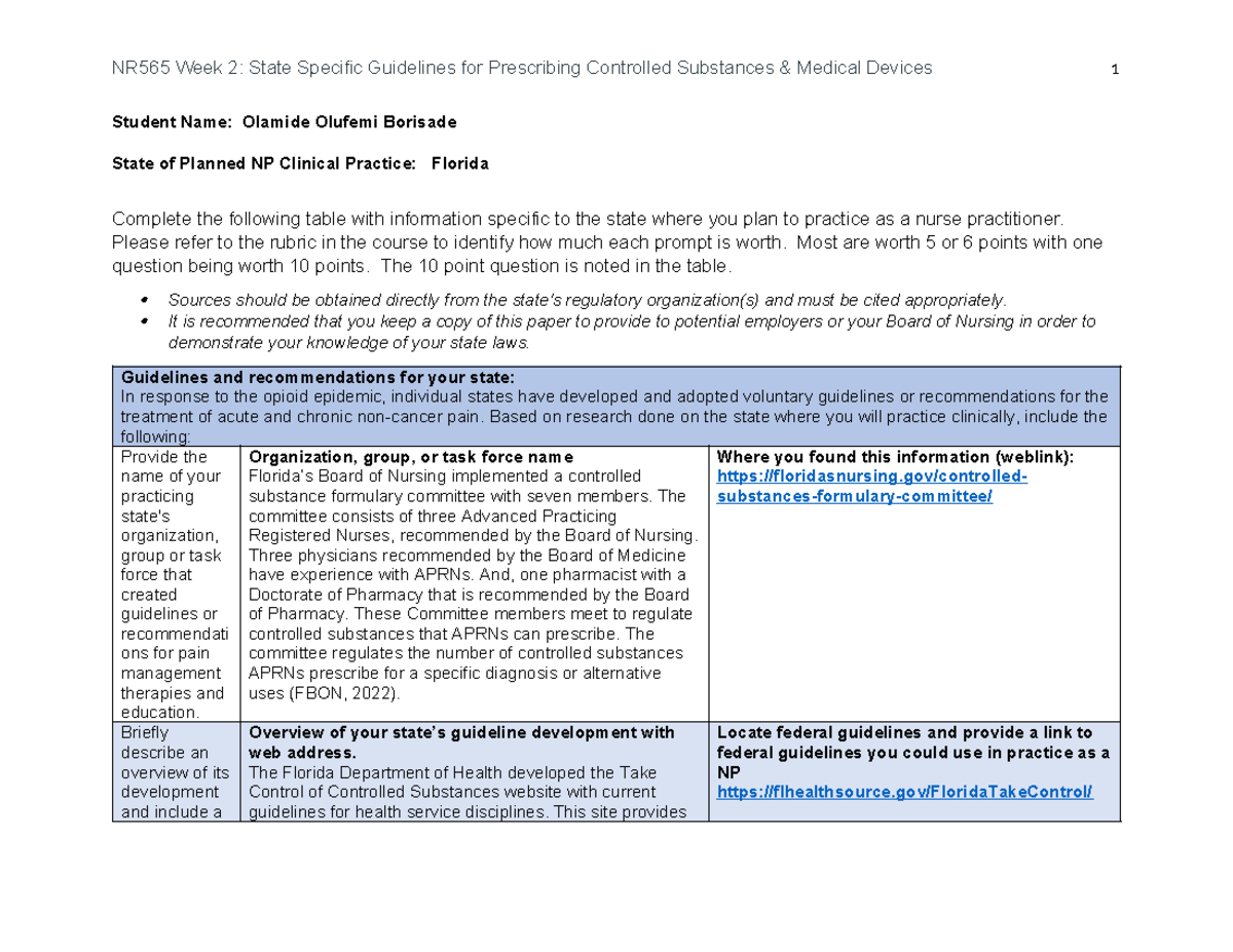 NR565 Week 2 State Specific Guidelines for Prescribing Controlled