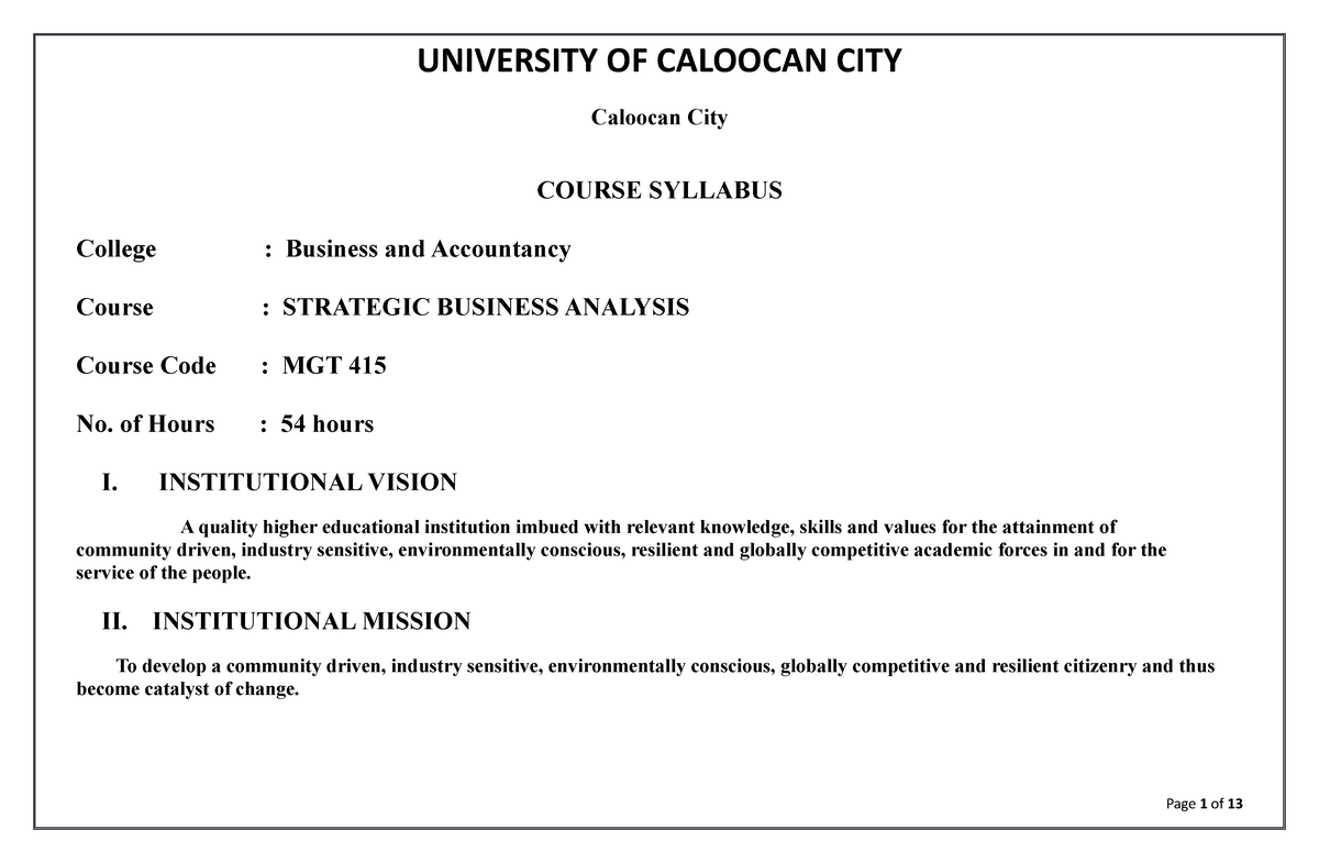 Syllabus - Strategic Business Analysis - RICO, Kristina B - Caloocan ...