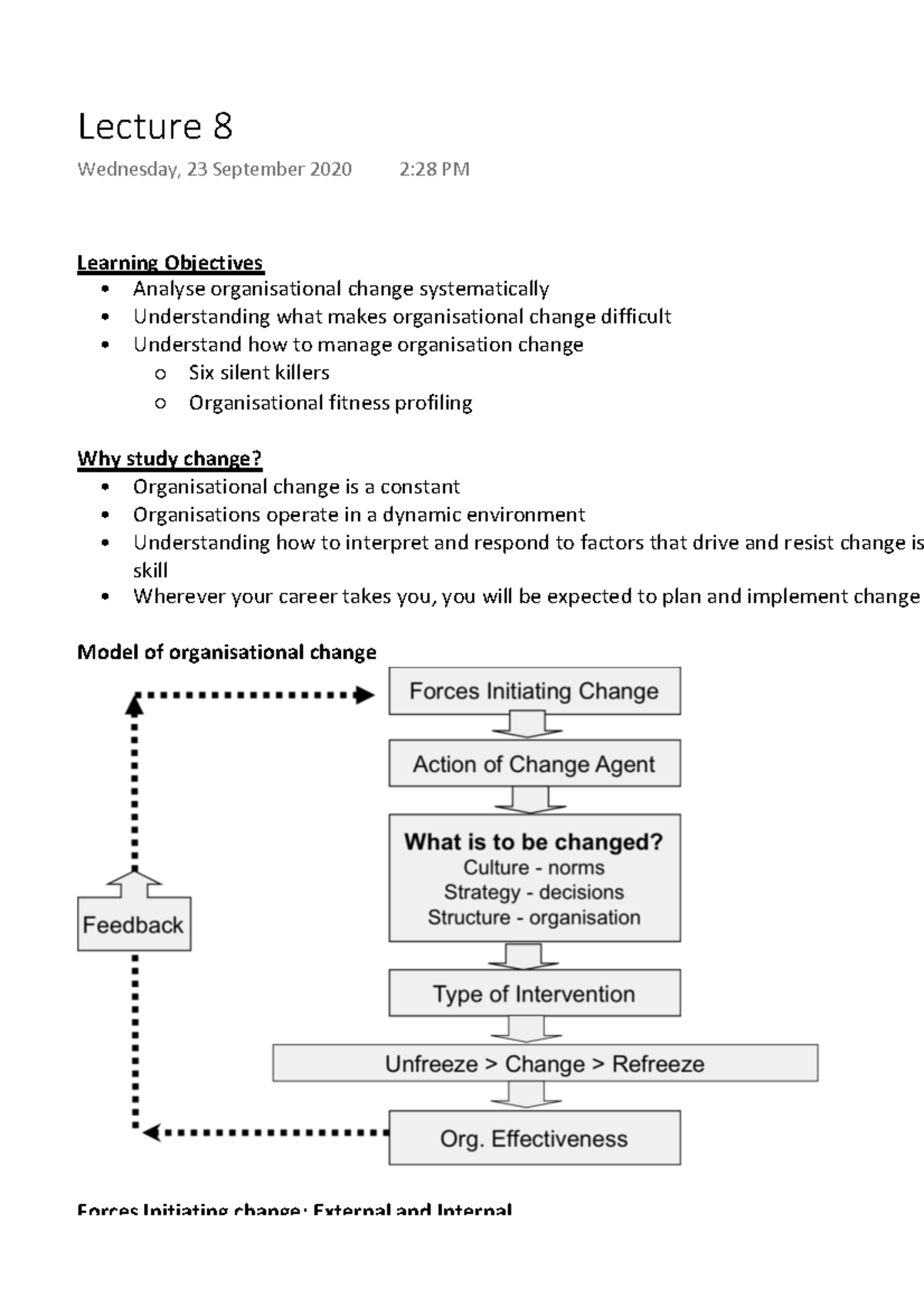 Organisational Behaviour - Change - Learning Objectives - Analyse ...