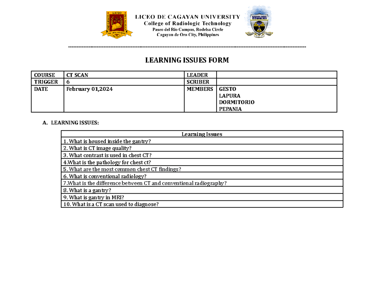 Learning Issues FORM Trigger 6 CT - LEARNING ISSUES FORM COURSE CT SCAN ...