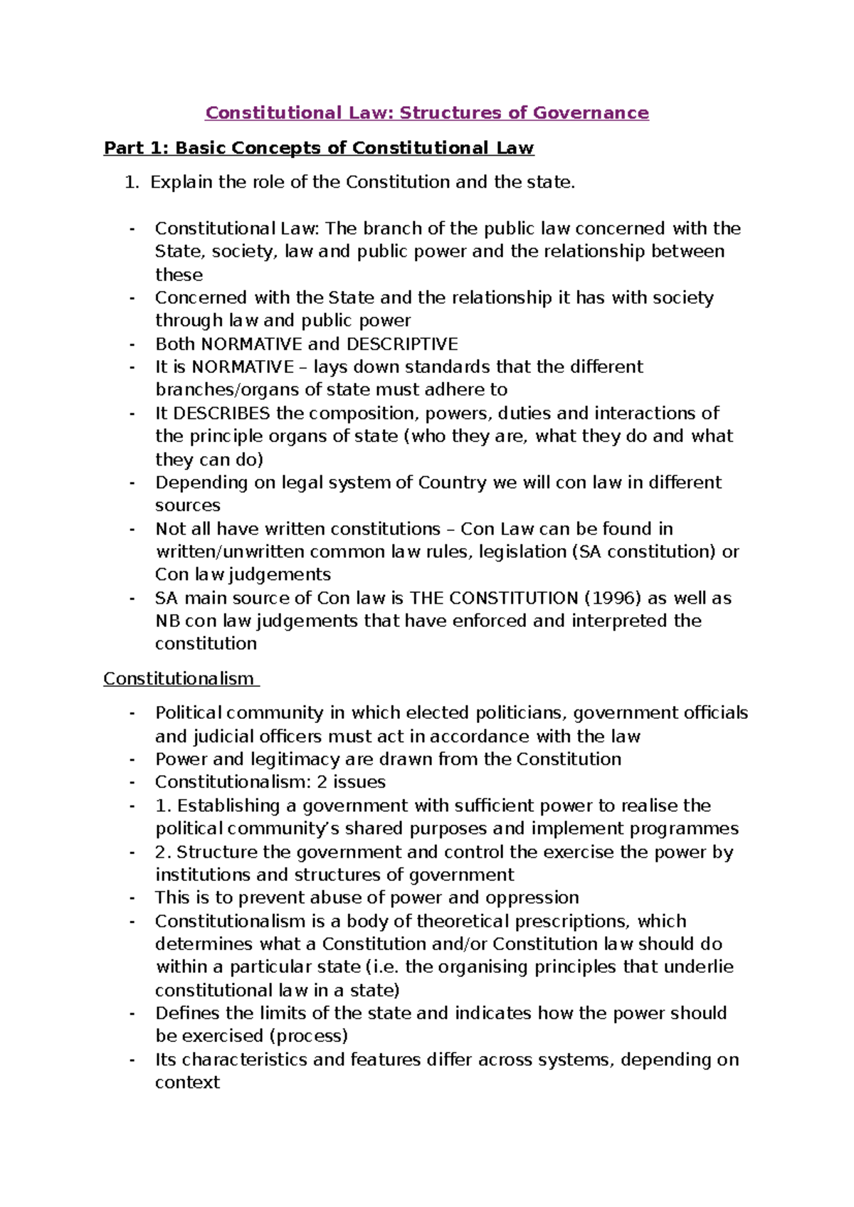 Constitutional Law Notes - Constitutional Law: Structures of Governance ...