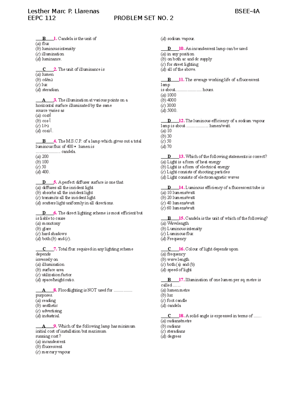 EEPC 112 PS#2 ( Llarenas) - B 1. Candela is the unit of ( a ) flux ( b ...