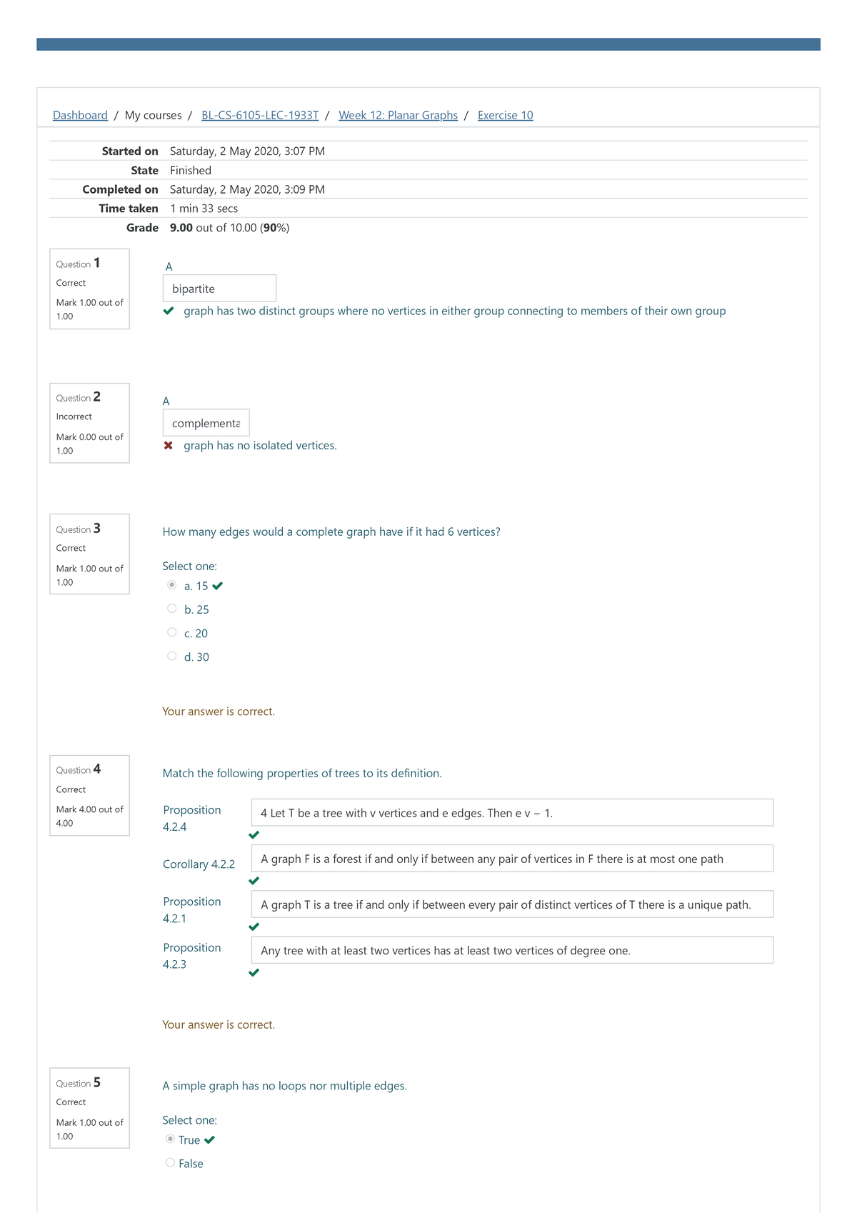 Exercise 10 Attempt Review - Dashboard / My Courses / BL-CS-6105-LEC ...