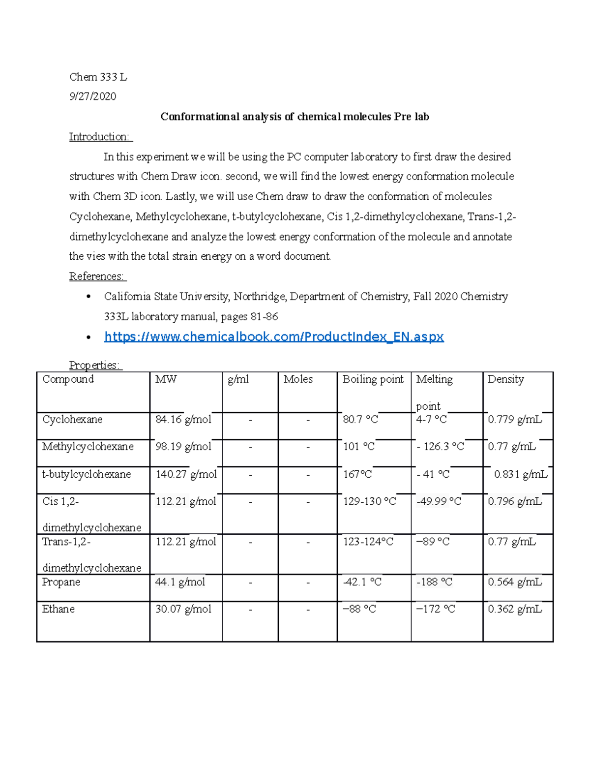 Molecular modeling prelab Chem 333 L 9/27/ Conformational analysis of