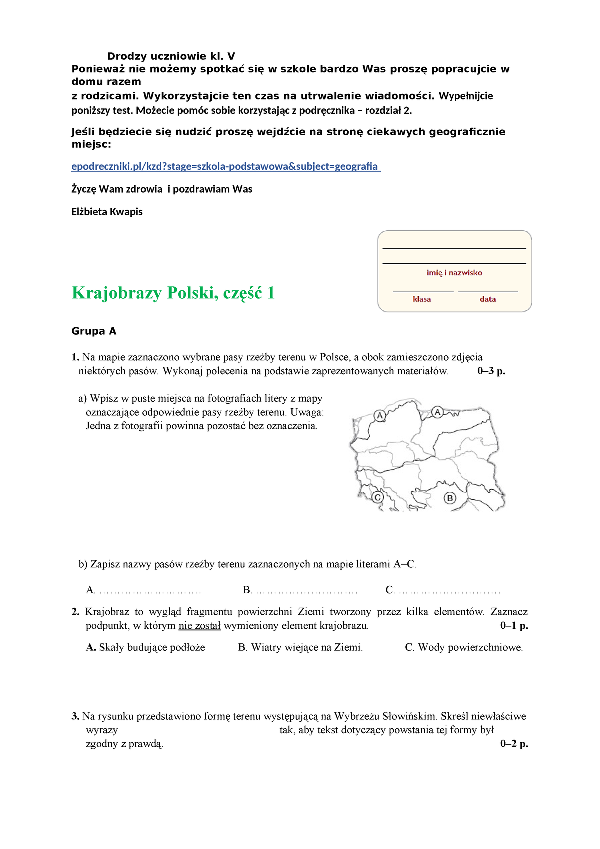 Geografia 5-test-krajobrazy-Polski-cz1 - Drodzy Uczniowie Kl. V ...