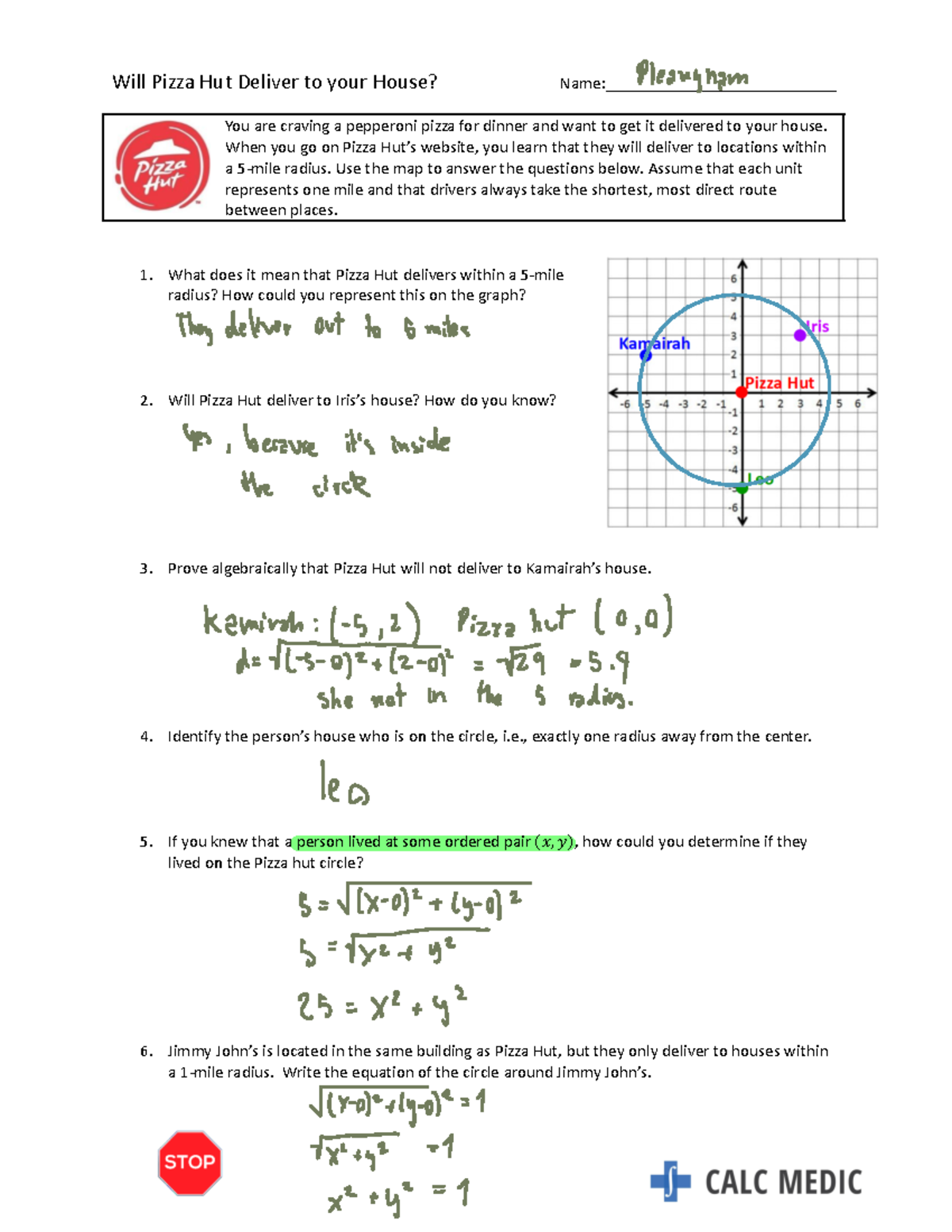 0.2 Lesson Will Pizza Hut Deliver Equations of Circles Will Pizza Hut