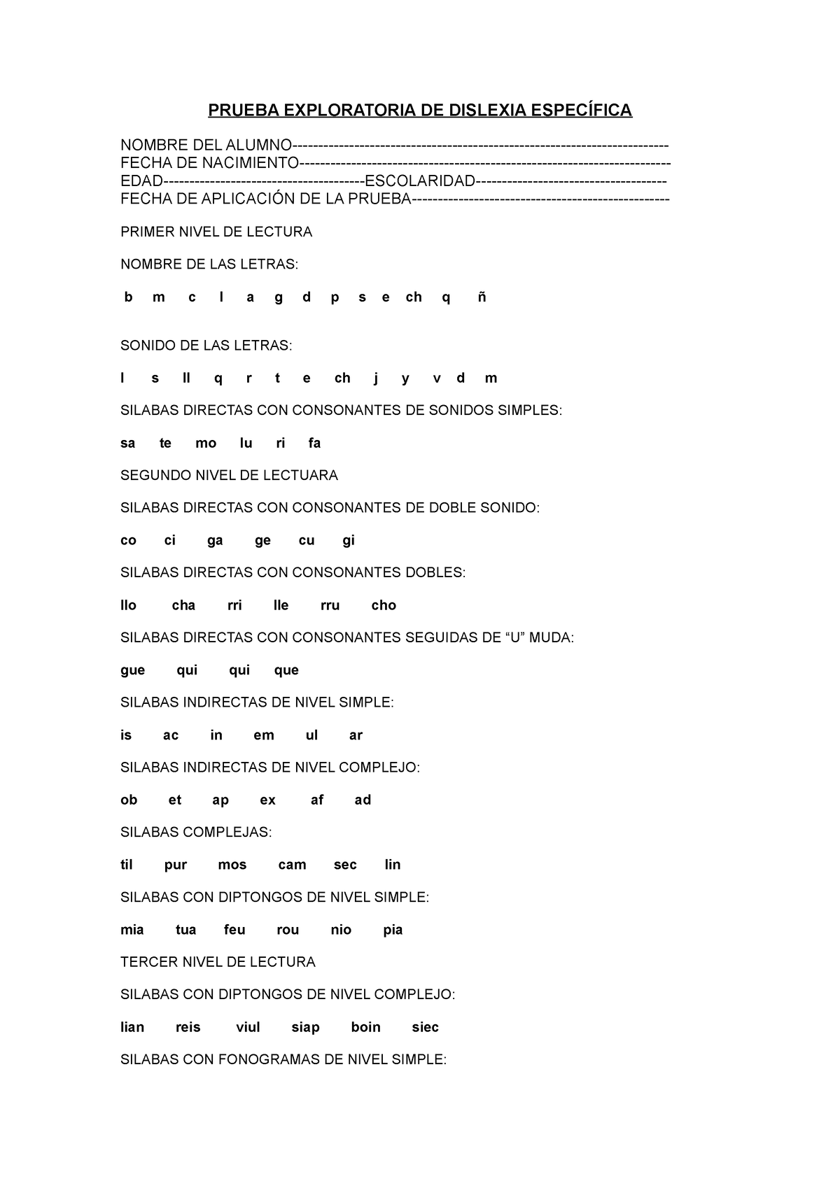 Prueba DE Dislexia Especifica - PRUEBA EXPLORATORIA DE DISLEXIA ...