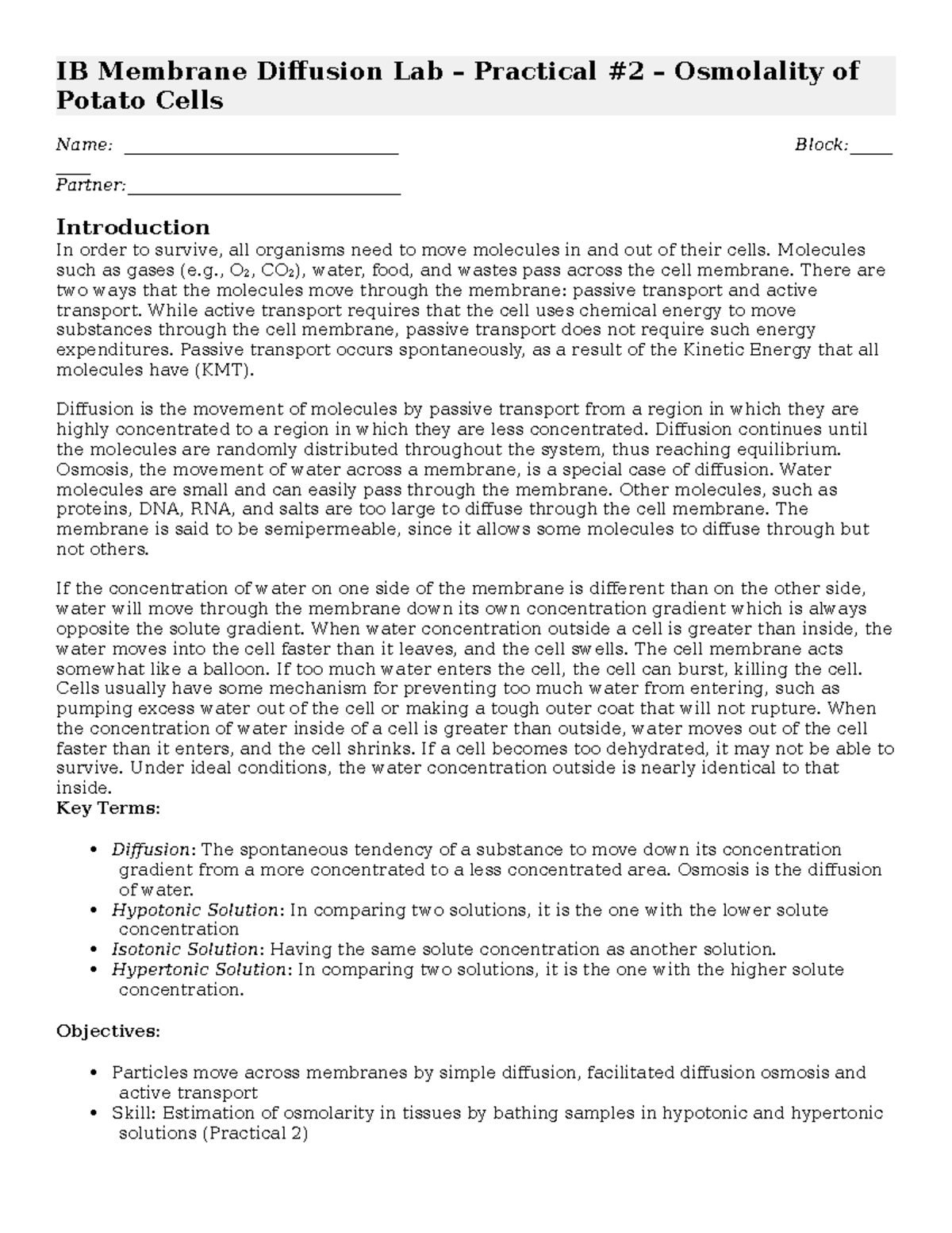 Ib potato osmolarity lab MG 252 FIT Studocu