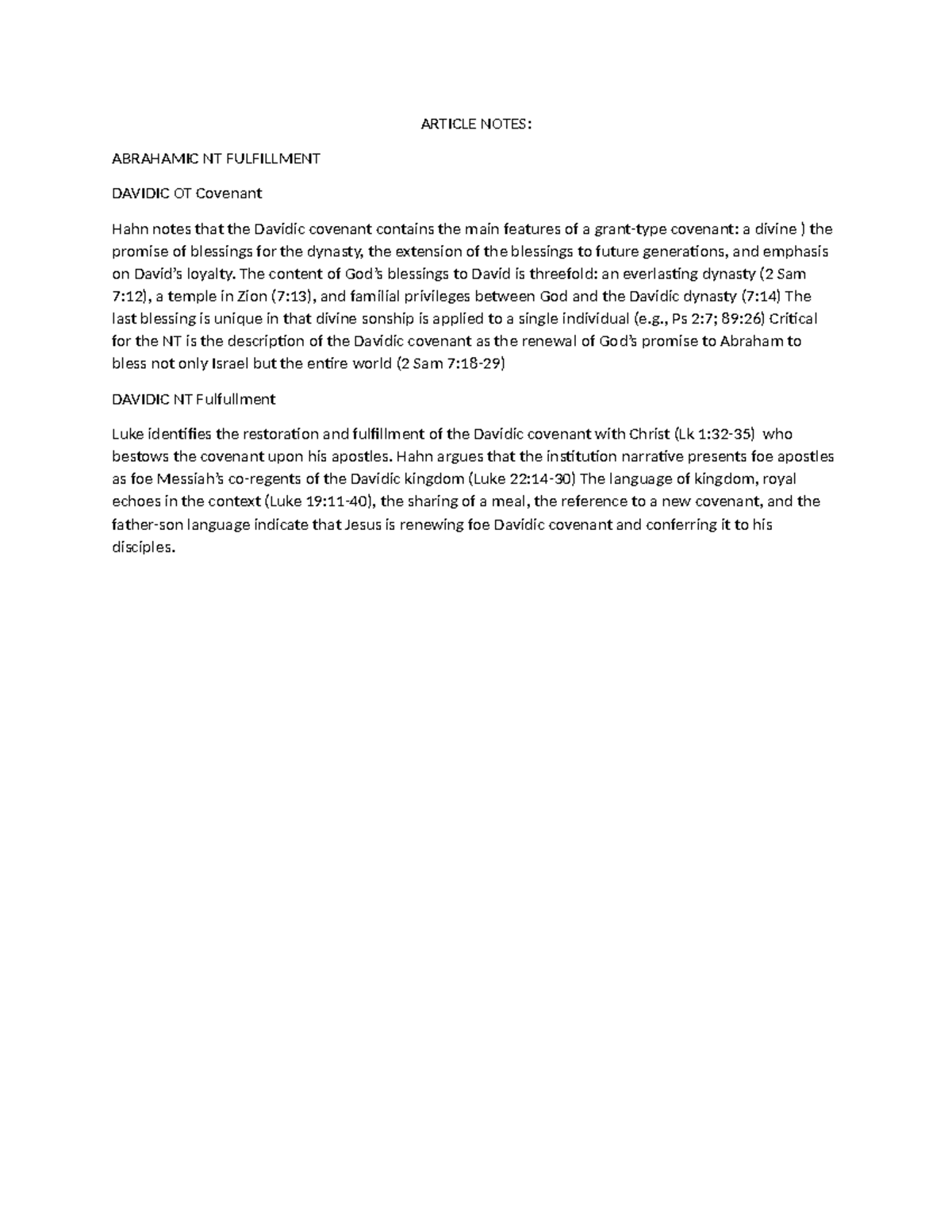 Article Notes - ARTICLE NOTES: ABRAHAMIC NT FULFILLMENT DAVIDIC OT ...