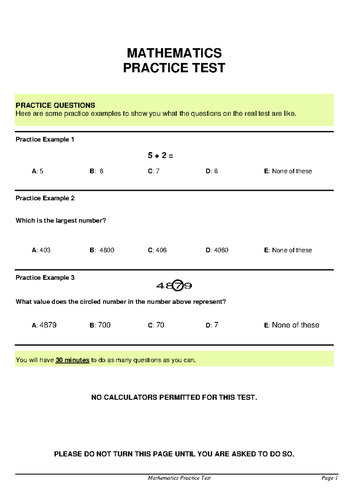 Mathspractice - Mathematics materials. - MATHEMATICS PRACTICE TEST ...