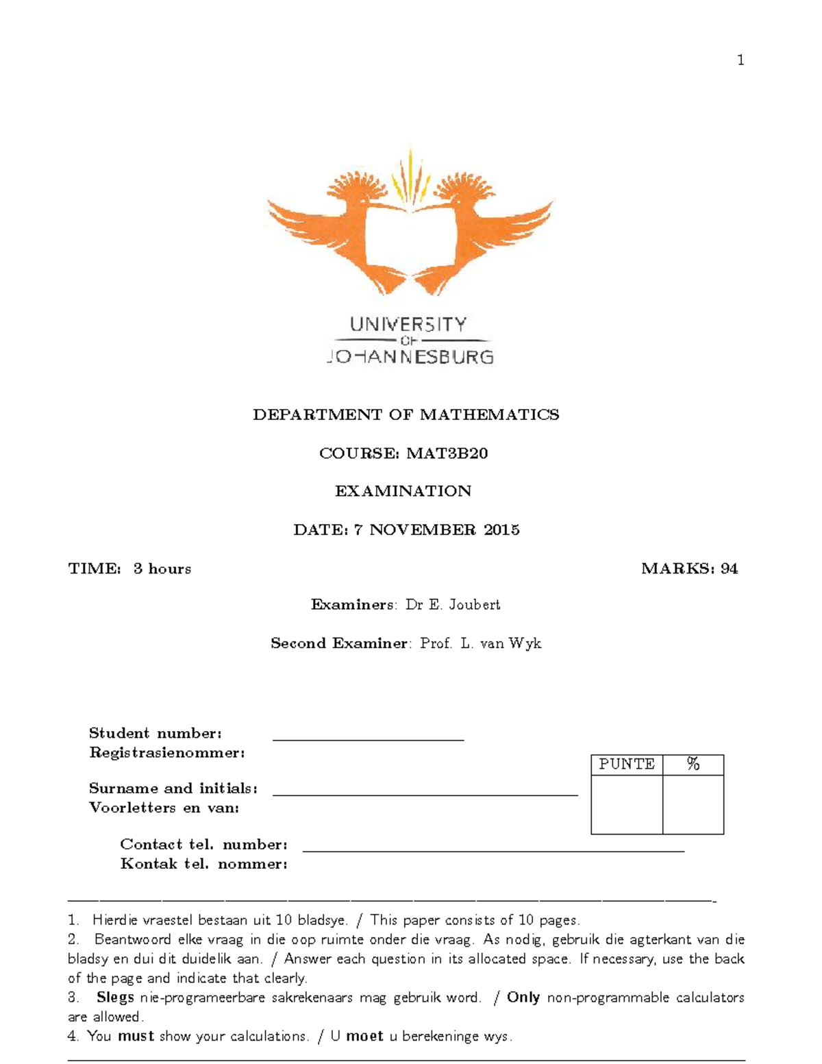 MAT3B20Examination 2015 MEMO - DEPARTMENT OF MATHEMATICS COURSE: MAT3B ...