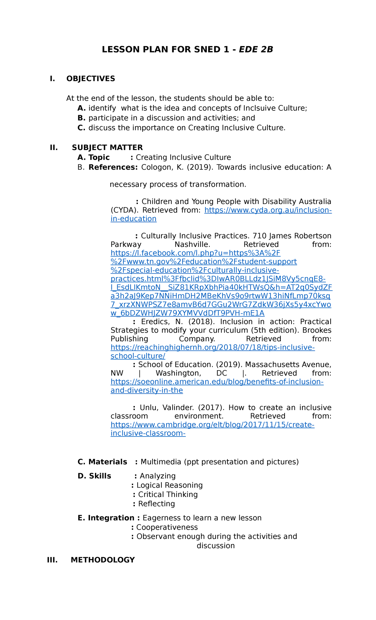 Lesson PLAN FOR SNED 1 - LESSON PLAN FOR SNED 1 - EDE 2B I. OBJECTIVES ...